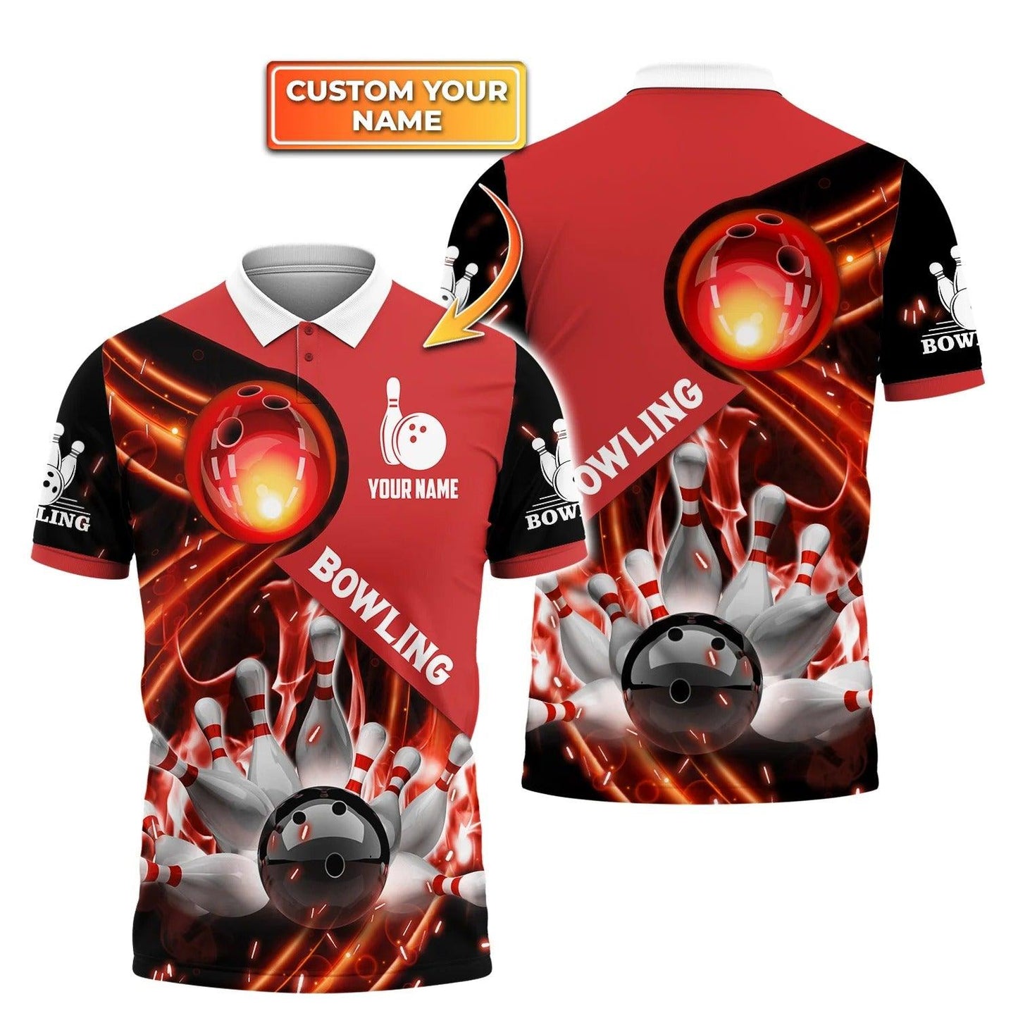 Bowling Custom Men Polo Shirt - Custom Name Red Bowling Ball In Fire Personalized Bowling Polo Shirt - Perfect Gift For Friend, Family - Amzanimalsgift