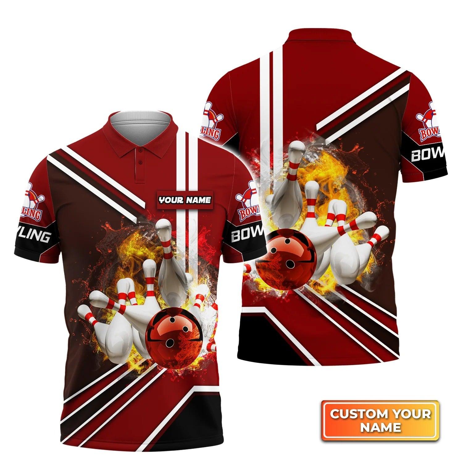 Bowling Custom Men Polo Shirt - Custom Name Red Bowling Ball On Fire Crashing Pins Personalized Bowling Polo Shirt - Perfect Gift For Friend, Family - Amzanimalsgift