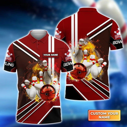 Bowling Custom Men Polo Shirt - Custom Name Red Bowling Ball On Fire Crashing Pins Personalized Bowling Polo Shirt - Perfect Gift For Friend, Family - Amzanimalsgift