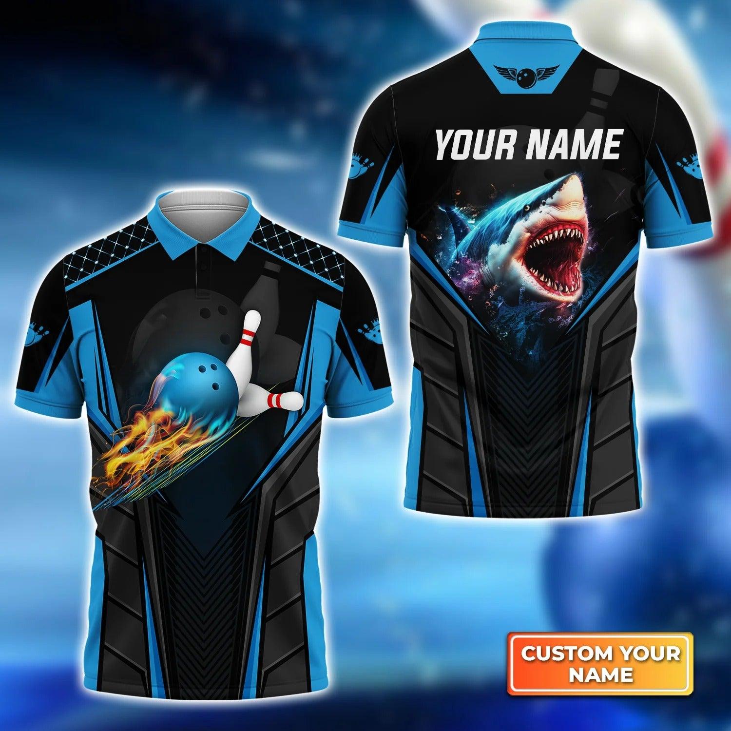 Bowling Custom Men Polo Shirt - Custom Name Shark Team Blue Bowling Ball Personalized Bowling Polo Shirt - Perfect Gift For Friend, Family - Amzanimalsgift