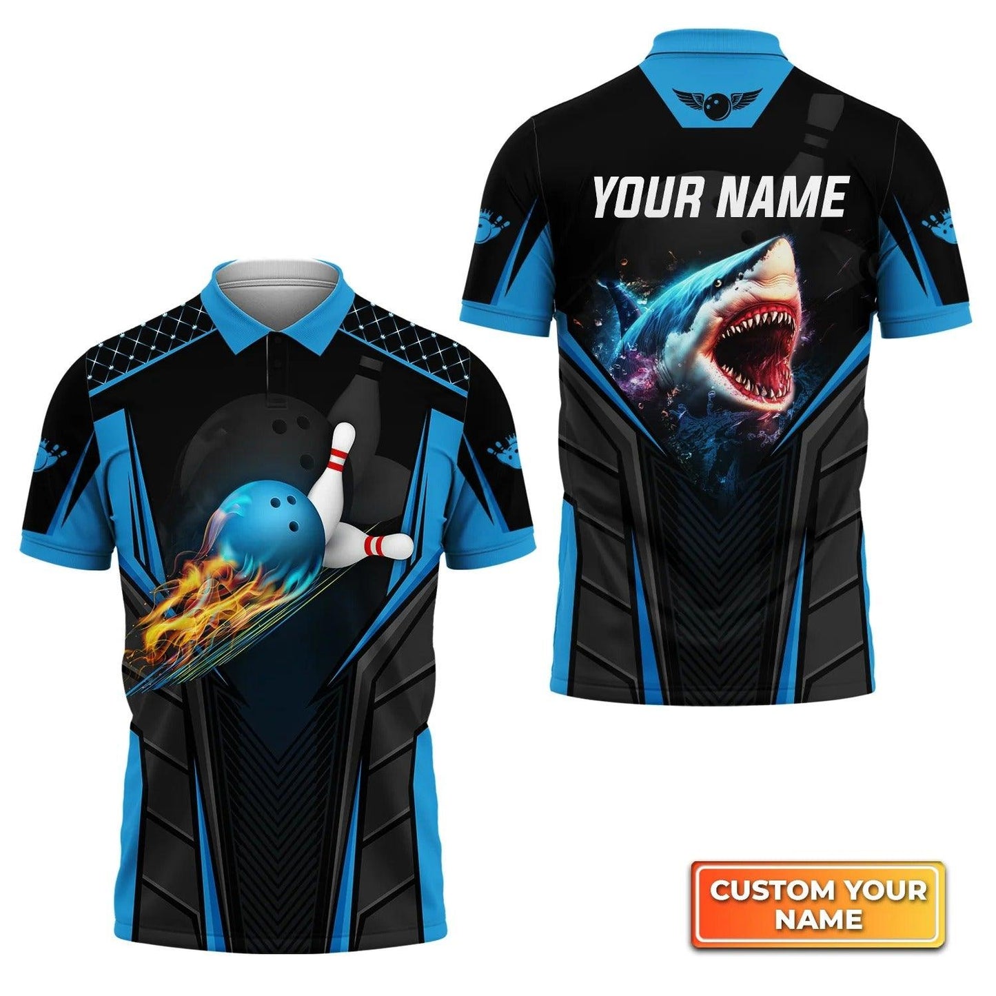 Bowling Custom Men Polo Shirt - Custom Name Shark Team Blue Bowling Ball Personalized Bowling Polo Shirt - Perfect Gift For Friend, Family - Amzanimalsgift