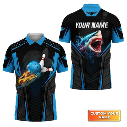 Bowling Custom Men Polo Shirt - Custom Name Shark Team Blue Bowling Ball Personalized Bowling Polo Shirt - Perfect Gift For Friend, Family - Amzanimalsgift