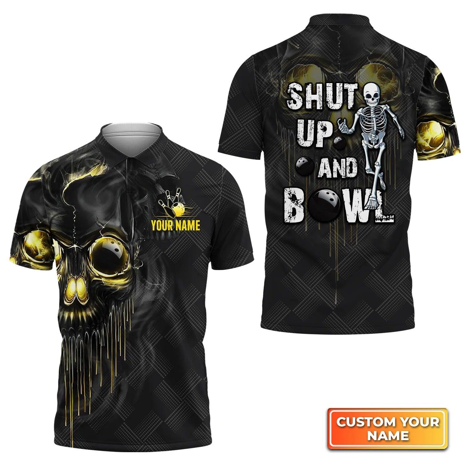 Bowling Custom Men Polo Shirt - Custom Name Shut Up And Bowl Golden Skull Personalized Bowling Polo Shirt - Perfect Gift For Friend, Family - Amzanimalsgift