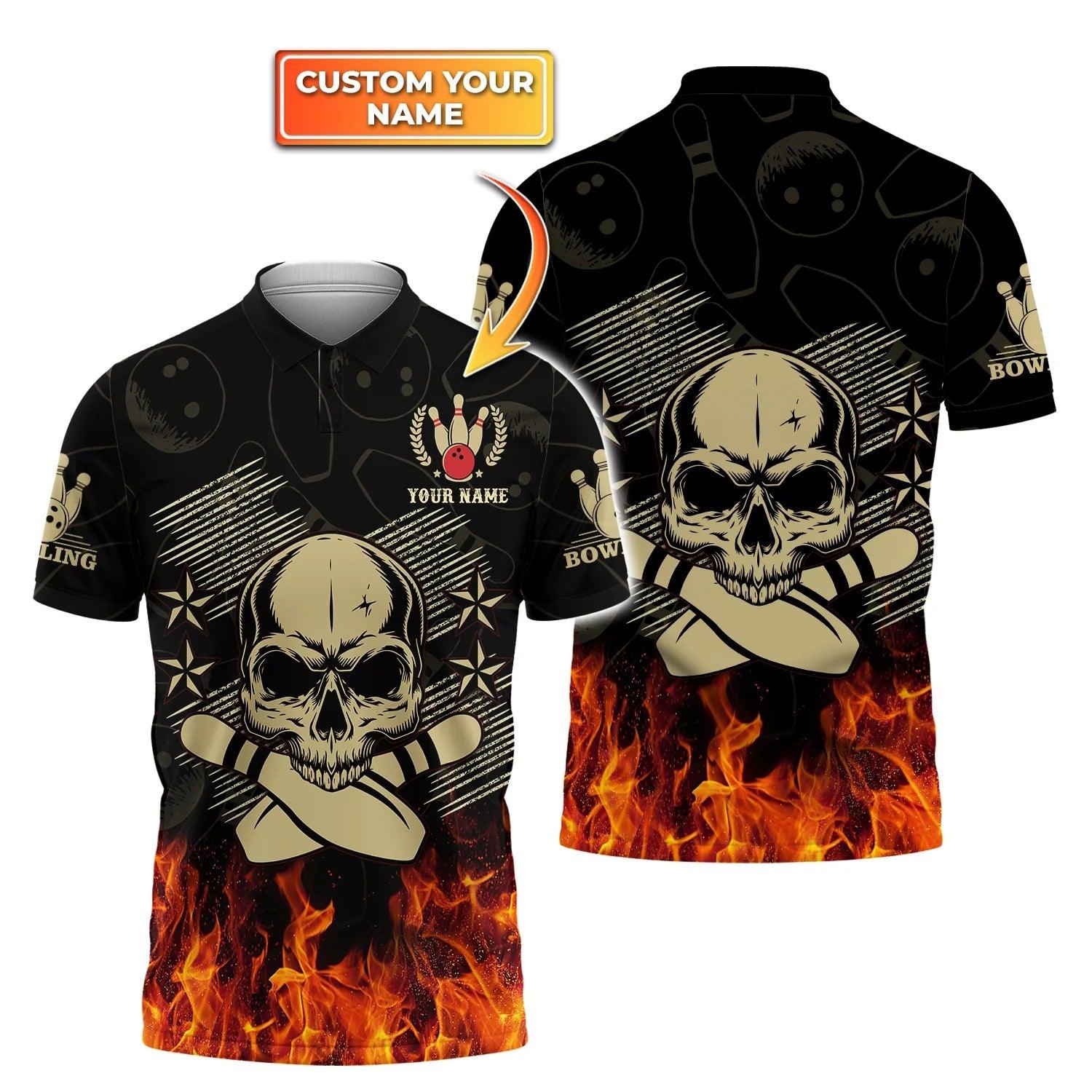Bowling Custom Men Polo Shirt - Custom Name Skull Bowling In Fire Personalized Bowling Polo Shirt - Perfect Gift For Friend, Family - Amzanimalsgift