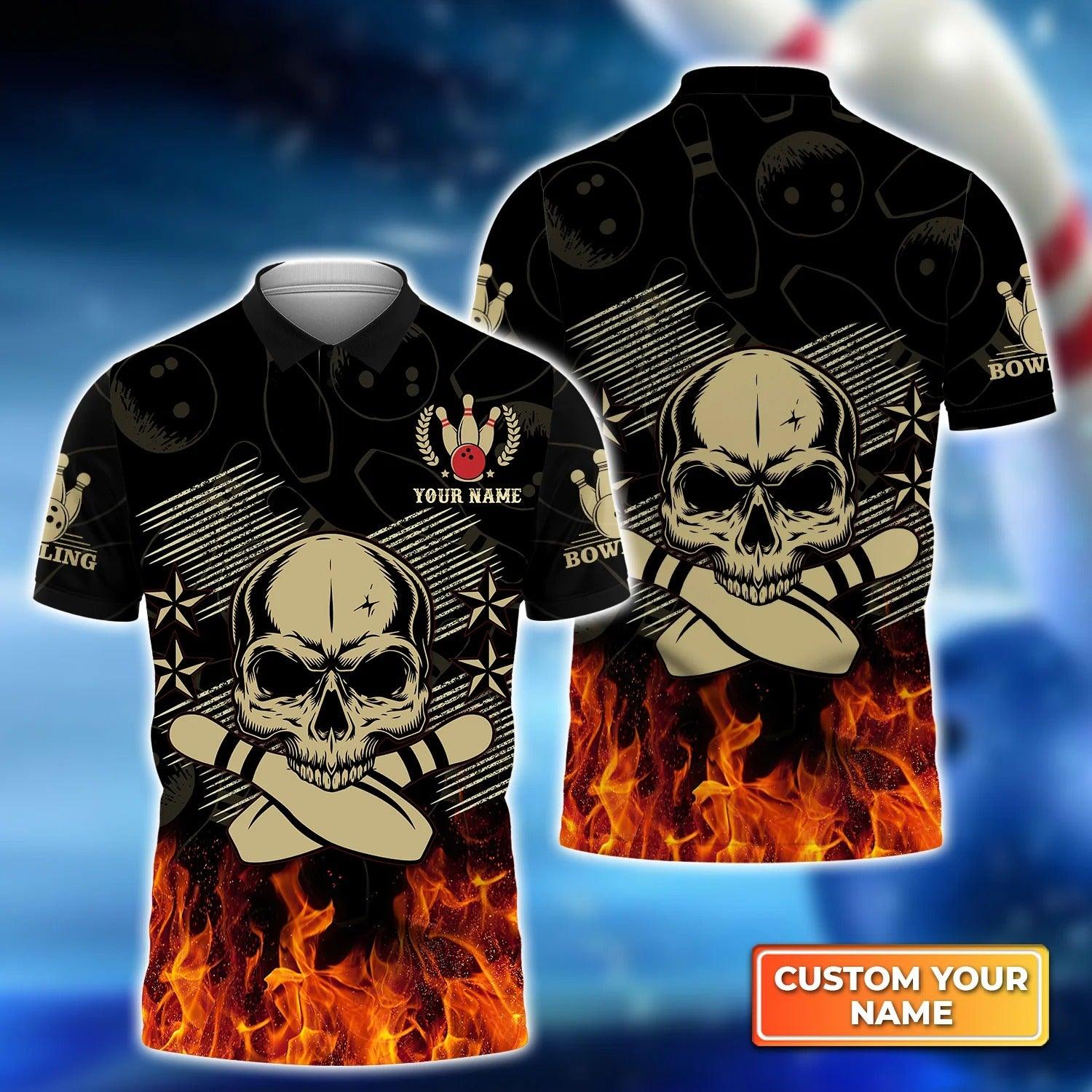 Bowling Custom Men Polo Shirt - Custom Name Skull Bowling In Fire Personalized Bowling Polo Shirt - Perfect Gift For Friend, Family - Amzanimalsgift