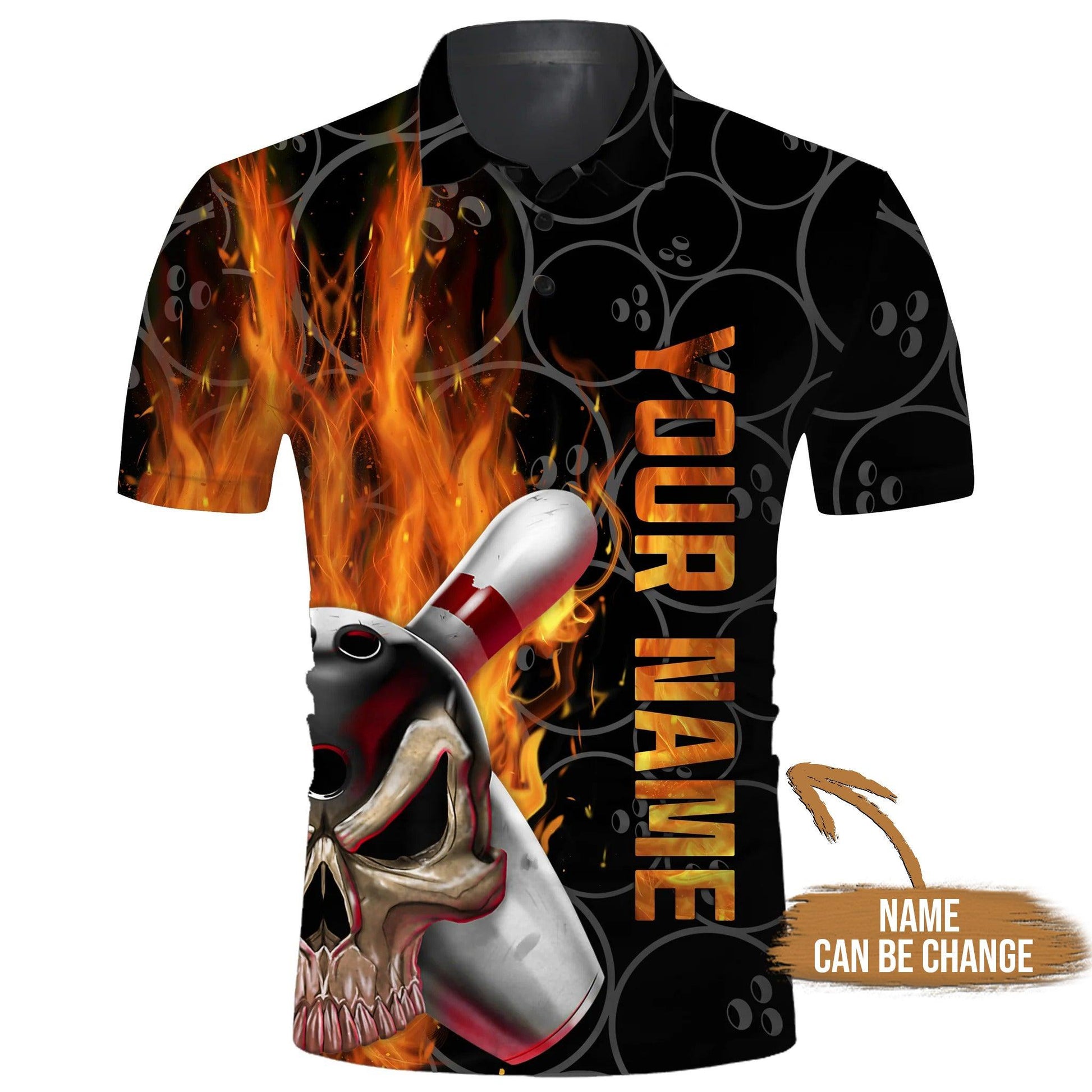Bowling Custom Men Polo Shirt - Custom Name Skull Flame Personalized Bowling Polo Shirt - Gift For Friend, Family - Amzanimalsgift