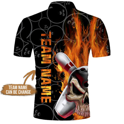 Bowling Custom Men Polo Shirt - Custom Name Skull Flame Personalized Bowling Polo Shirt - Gift For Friend, Family - Amzanimalsgift