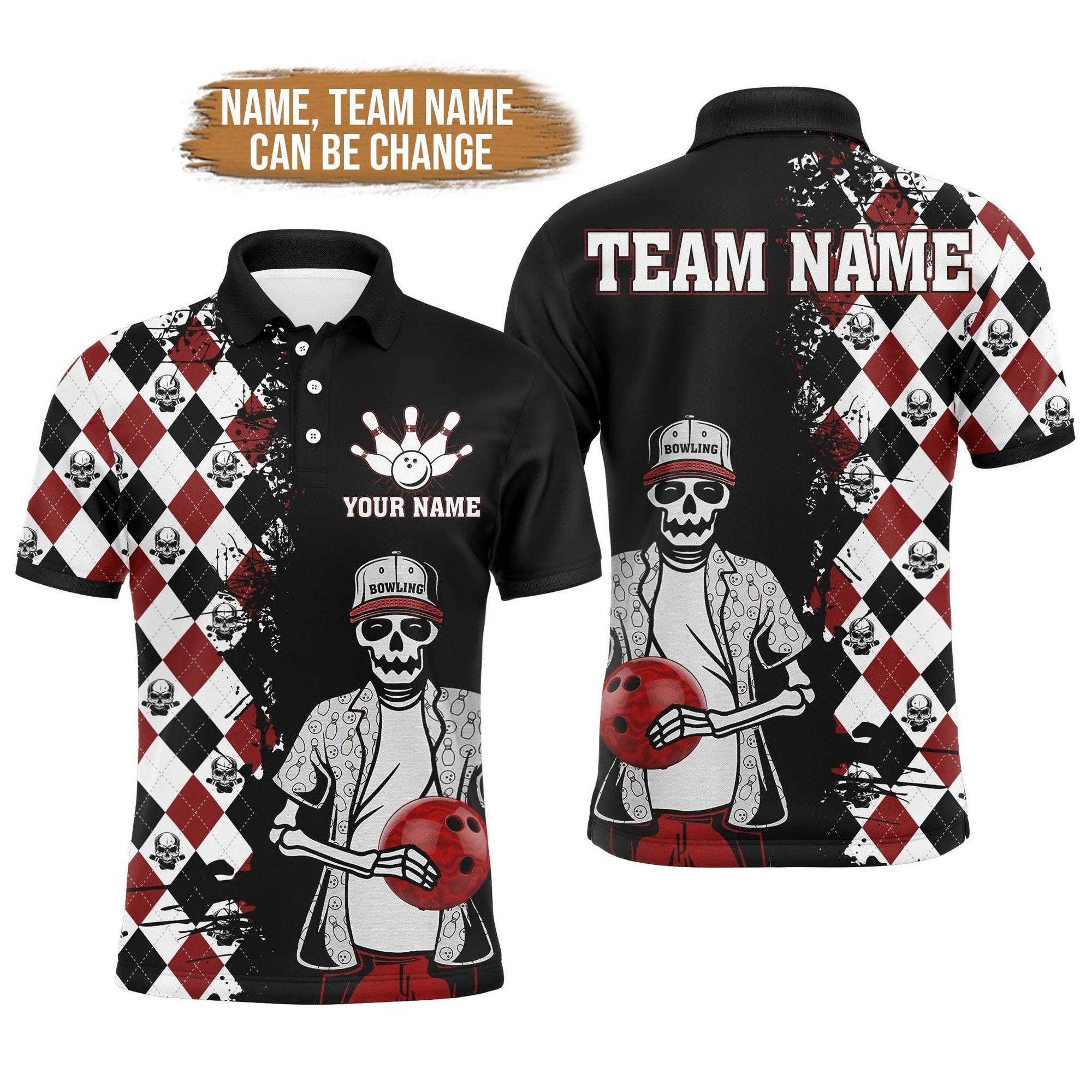 Bowling Custom Men Polo Shirt - Custom Name Skull Men, Argyle Bowling Pattern Personalized Bowling Polo Shirt - Perfect Gift For Friend, Family - Amzanimalsgift
