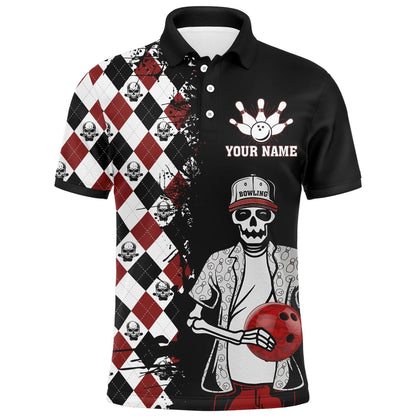 Bowling Custom Men Polo Shirt - Custom Name Skull Men, Argyle Bowling Pattern Personalized Bowling Polo Shirt - Perfect Gift For Friend, Family - Amzanimalsgift
