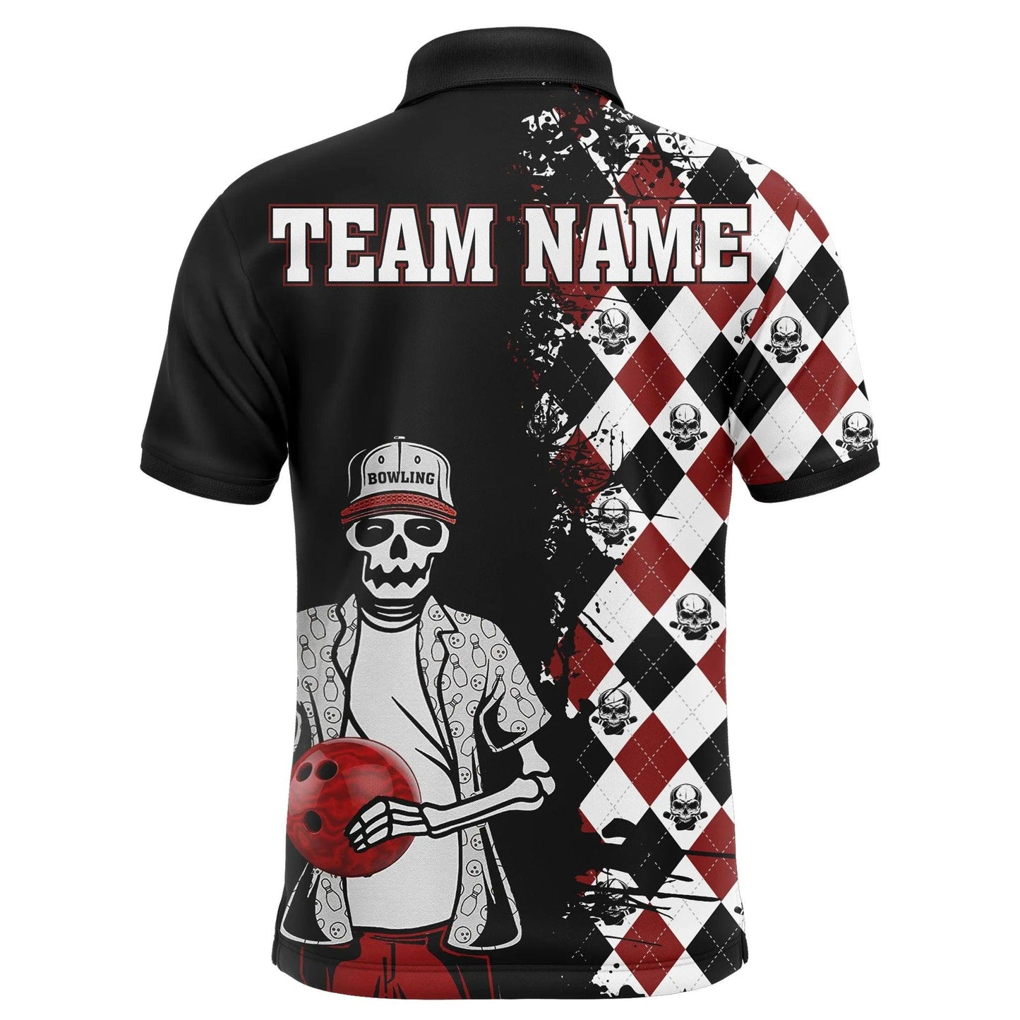 Bowling Custom Men Polo Shirt - Custom Name Skull Men, Argyle Bowling Pattern Personalized Bowling Polo Shirt - Perfect Gift For Friend, Family - Amzanimalsgift
