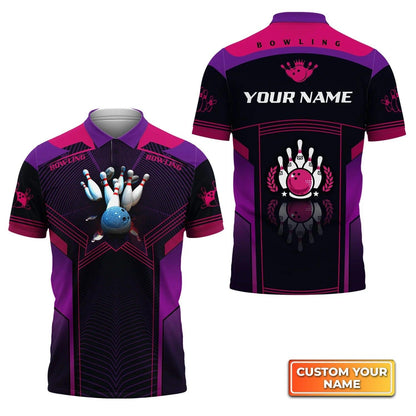 Bowling Custom Men Polo Shirt - Custom Name The Blue Bowling Ball Crashing The Pins Purple Pattern Personalized Bowling Polo Shirt - Perfect Gift For Friend, Family - Amzanimalsgift