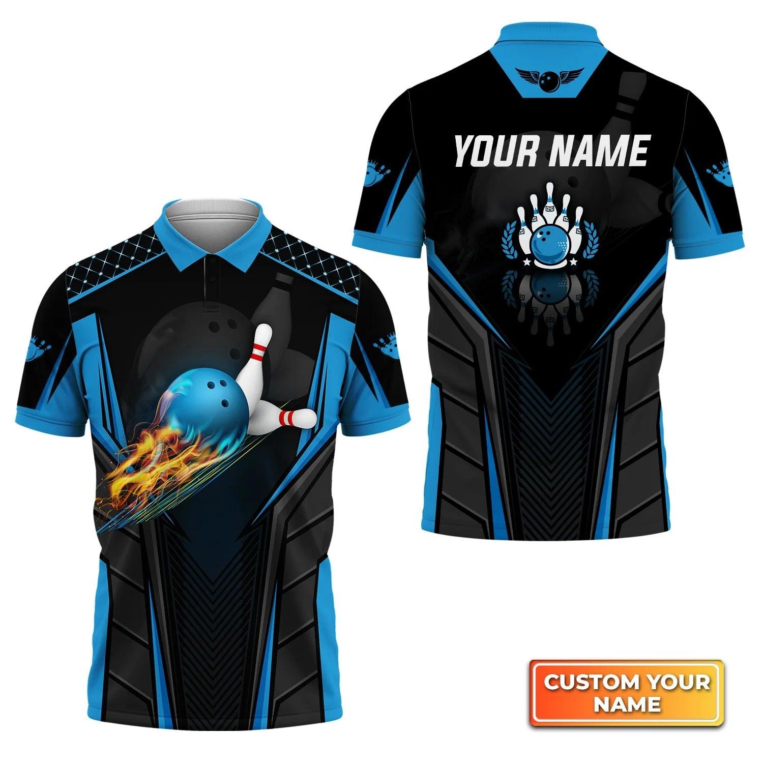 Bowling Custom Men Polo Shirt - Custom Name The Blue Bowling Ball in Flames Breaks White Skittles Personalized Bowling Polo Shirt - Perfect Gift For Friend, Family - Amzanimalsgift