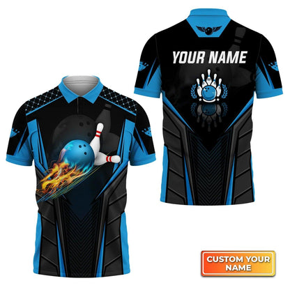 Bowling Custom Men Polo Shirt - Custom Name The Blue Bowling Ball in Flames Breaks White Skittles Personalized Bowling Polo Shirt - Perfect Gift For Friend, Family - Amzanimalsgift