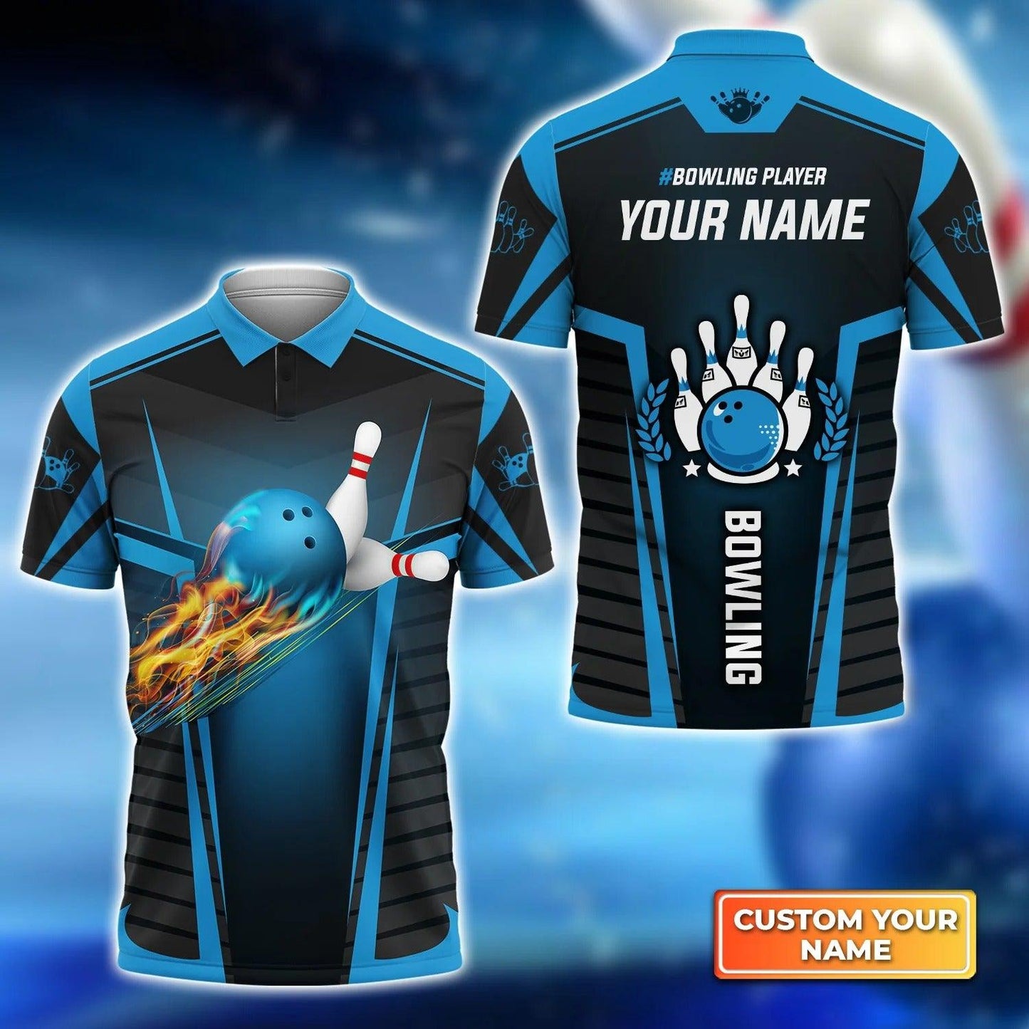 Bowling Custom Men Polo Shirt - Custom Name The Blue Bowling Ball in Flames Breaks White Skittles Personalized Bowling Polo Shirt - Perfect Gift For Friend, Family - Amzanimalsgift