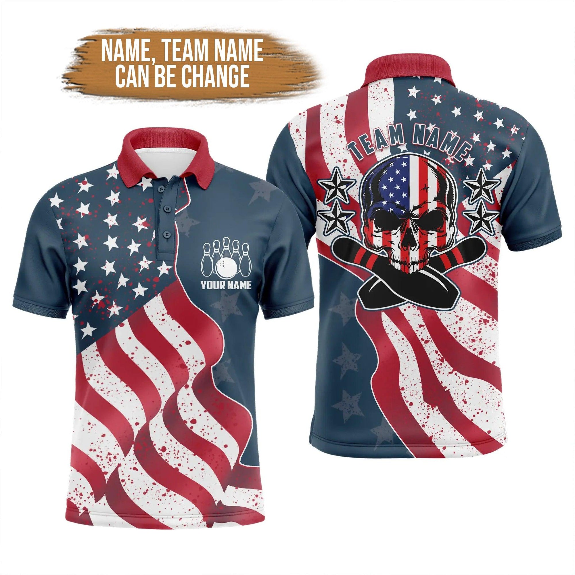 Bowling Custom Men Polo Shirt - Custom Name Vintage American Flag Patriotic Skull Bowling Personalized Bowling Polo Shirt - Perfect Gift For Friend, Family - Amzanimalsgift