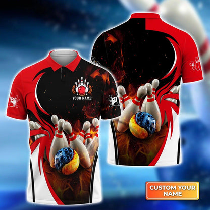 Bowling Custom Men Polo Shirt - Custom Name Water And Fire In Bowling Ball Personalized Bowling Polo Shirt - Perfect Gift For Friend, Family - Amzanimalsgift