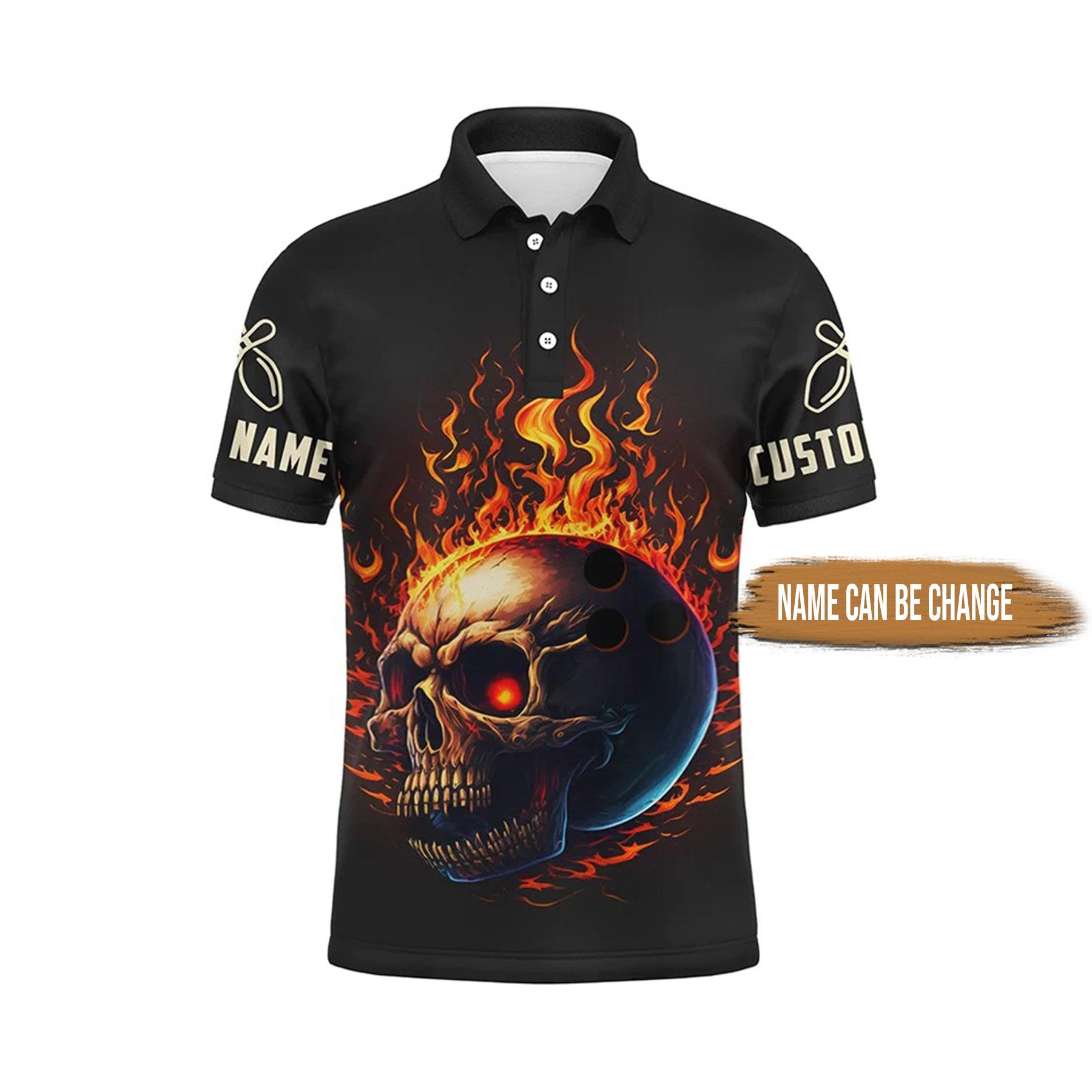 Bowling Custom Men Polo Shirt - Customize Flaming Skull Bowling Ball, Cross Bowling Pin Bowler Personalized Bowling Polo Shirt - Perfect Gift For Friend, Family - Amzanimalsgift
