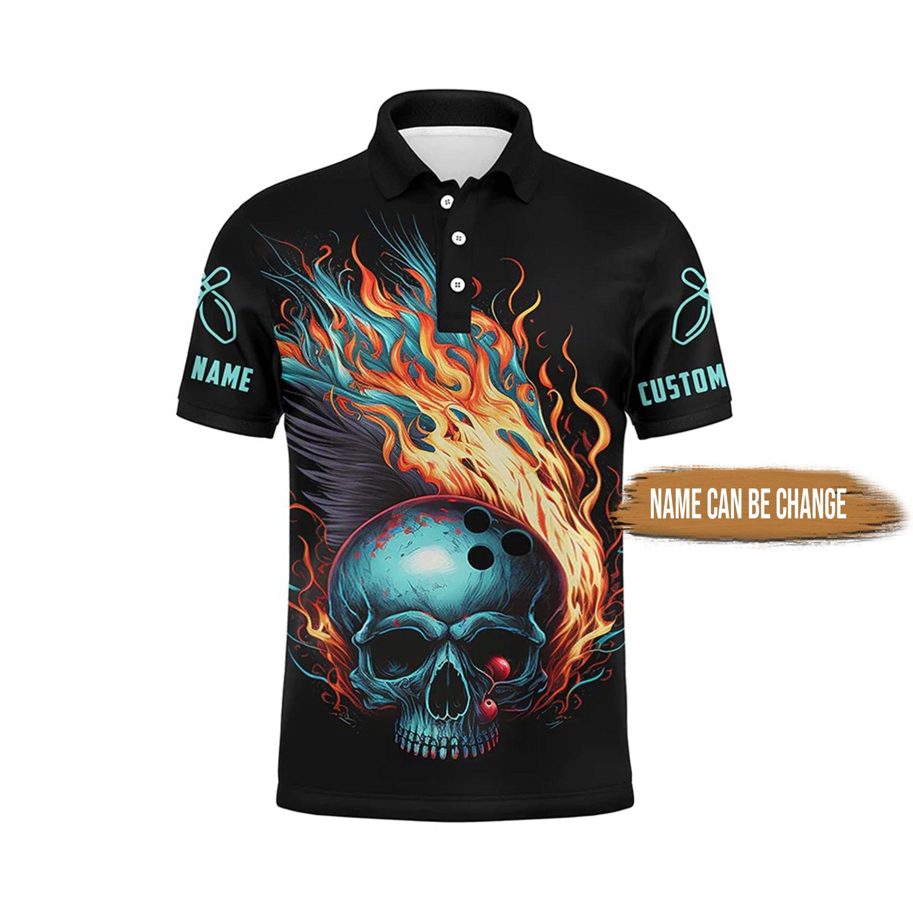 Bowling Custom Men Polo Shirt - Customize Skull Bowling Ball Men'S Bowling Polo Shirts, Flaming Bowler Personalized Polo Shirt - Perfect Gift For Friend, Family - Amzanimalsgift