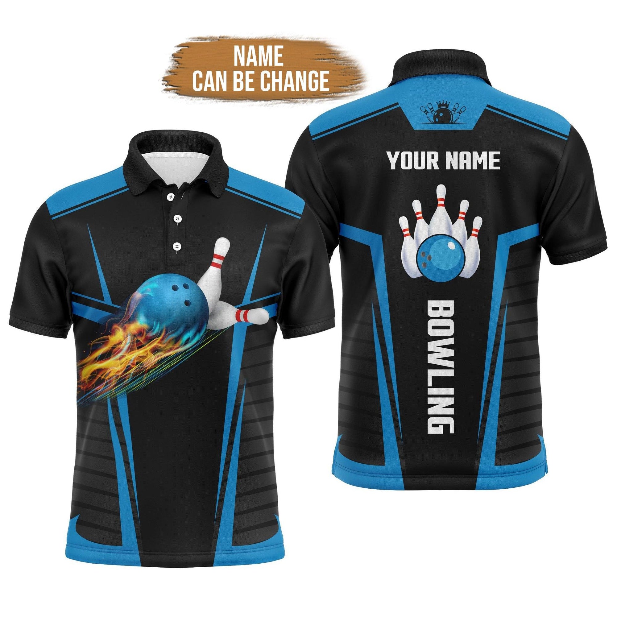 Bowling Custom Men Polo Shirt, Customized Bowling With Flame And Pins Black Blue Personalized Bowling Polo Shirt - Gift For Friend, Family - Amzanimalsgift