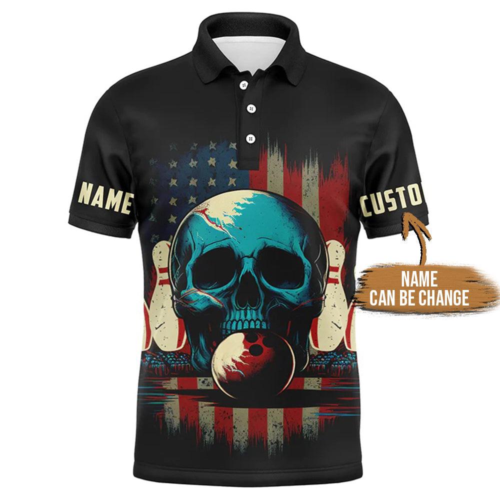Bowling Custom Men Polo Shirt - Customized Name Skull Bowling, Vintage American Flag Bowler Personalized Bowling Polo Shirt - Perfect Gift For Friend, Family - Amzanimalsgift