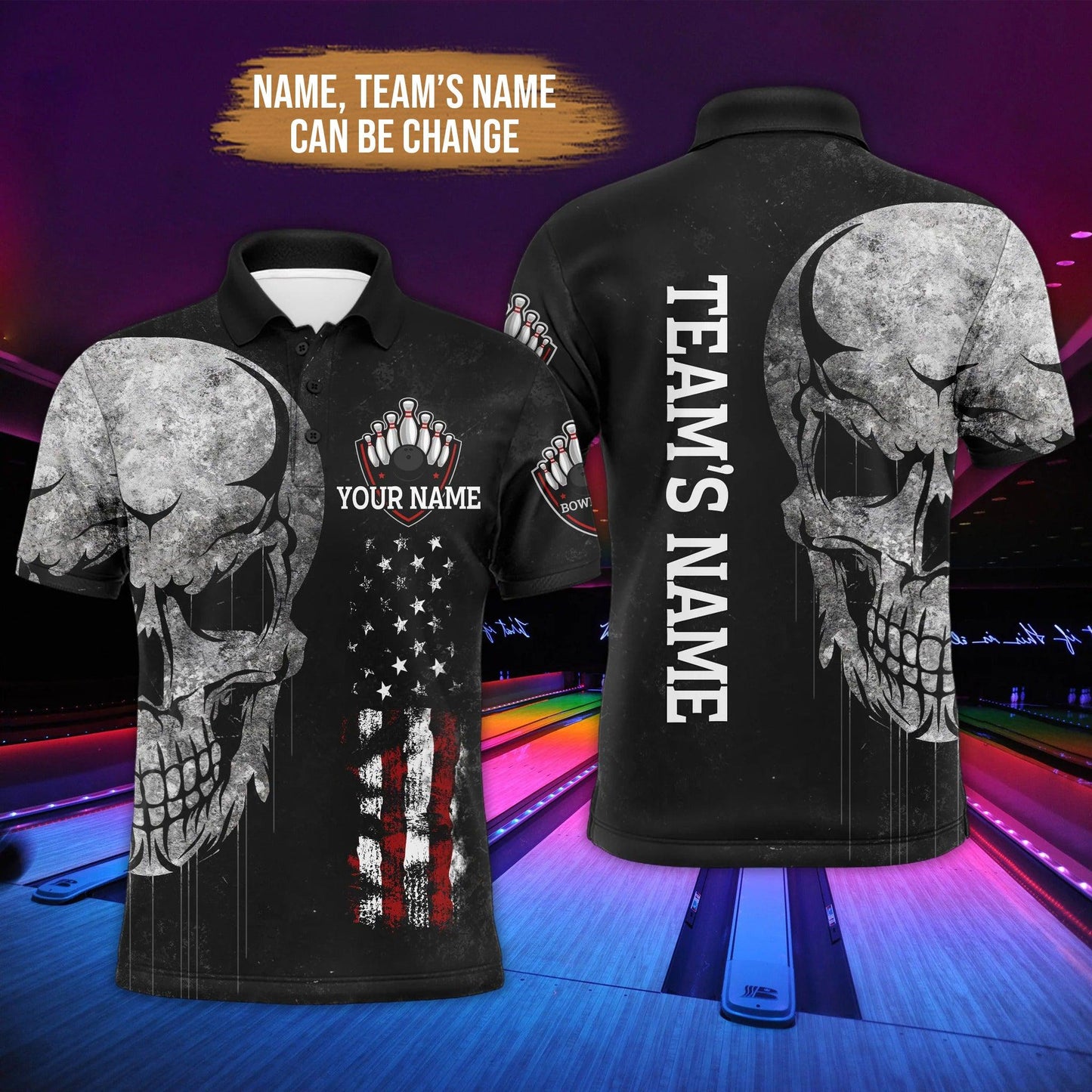 Bowling Custom Men Polo Shirt - Patriotic Custom Name, Men's Skull Personalized Bowling Polo Shirt - Gift For Friend, Family - Amzanimalsgift