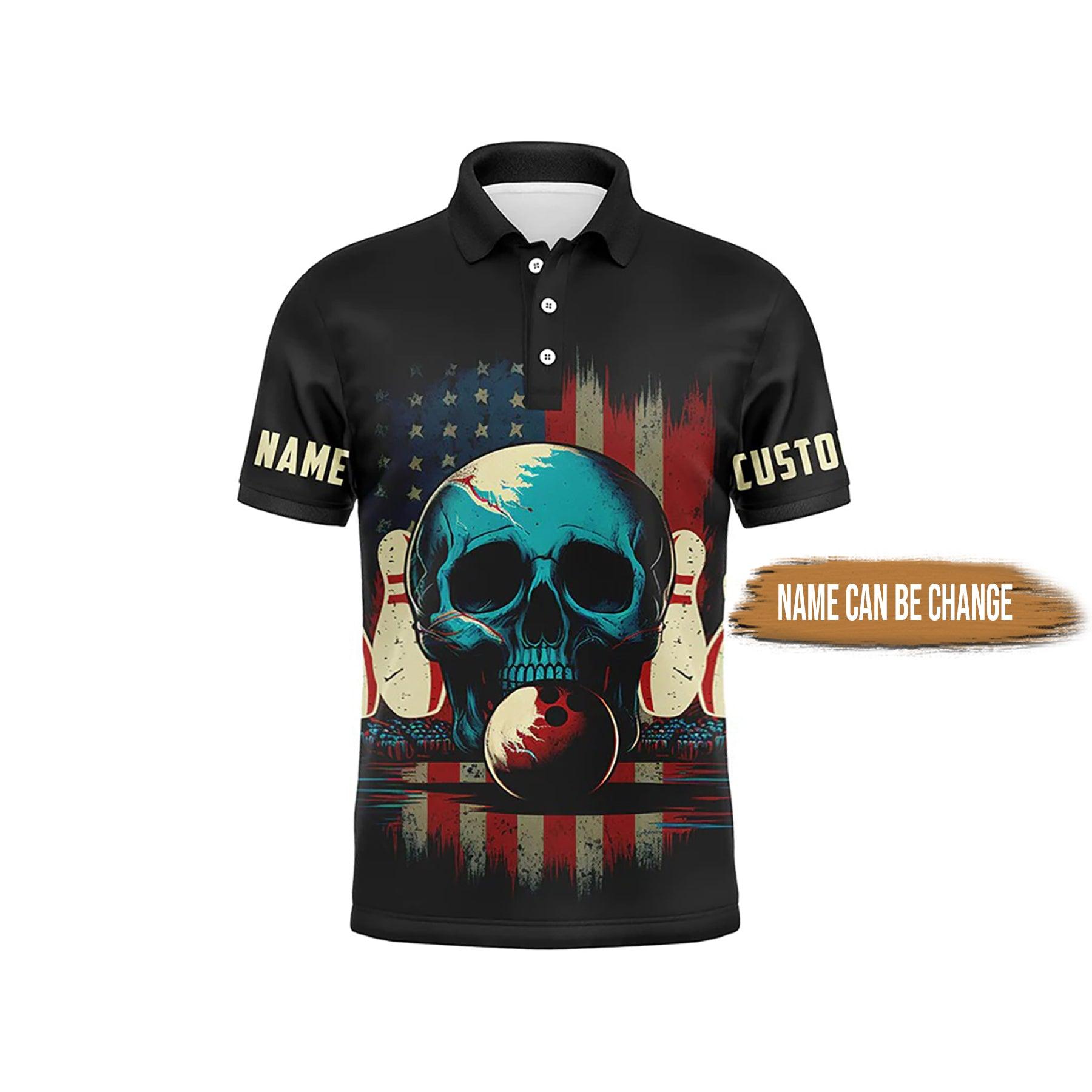 Bowling Custom Men Polo Shirt - Personalized Skull Bowling Polo Shirts For Men, Vintage American Flag Bowler Personalized Polo Shirt - Perfect Gift For Friend, Family - Amzanimalsgift