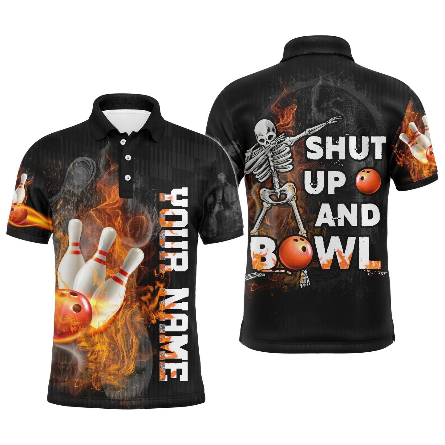 Bowling Custom Men Polo Shirt - Shut Up And Bowl, Flame Skull Personalized Bowling Polo Shirt - Gift For Friend, Family - Amzanimalsgift
