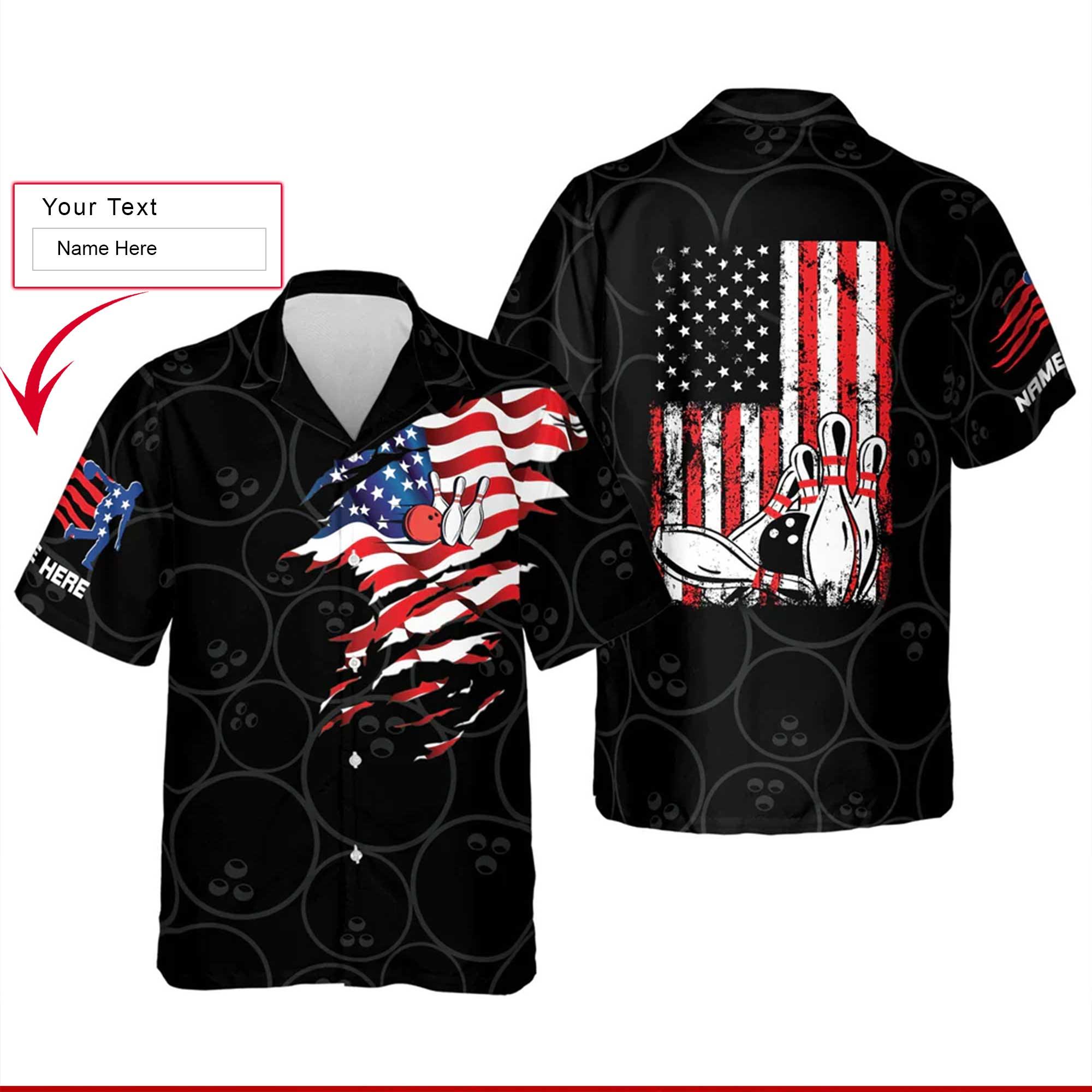 Bowling Custom Name Aloha Hawaiian Shirts For Summer, Personalized USA Flag Patriotic Independence Day Hawaiian Shirt For Men Women, Bowling Team - Amzanimalsgift