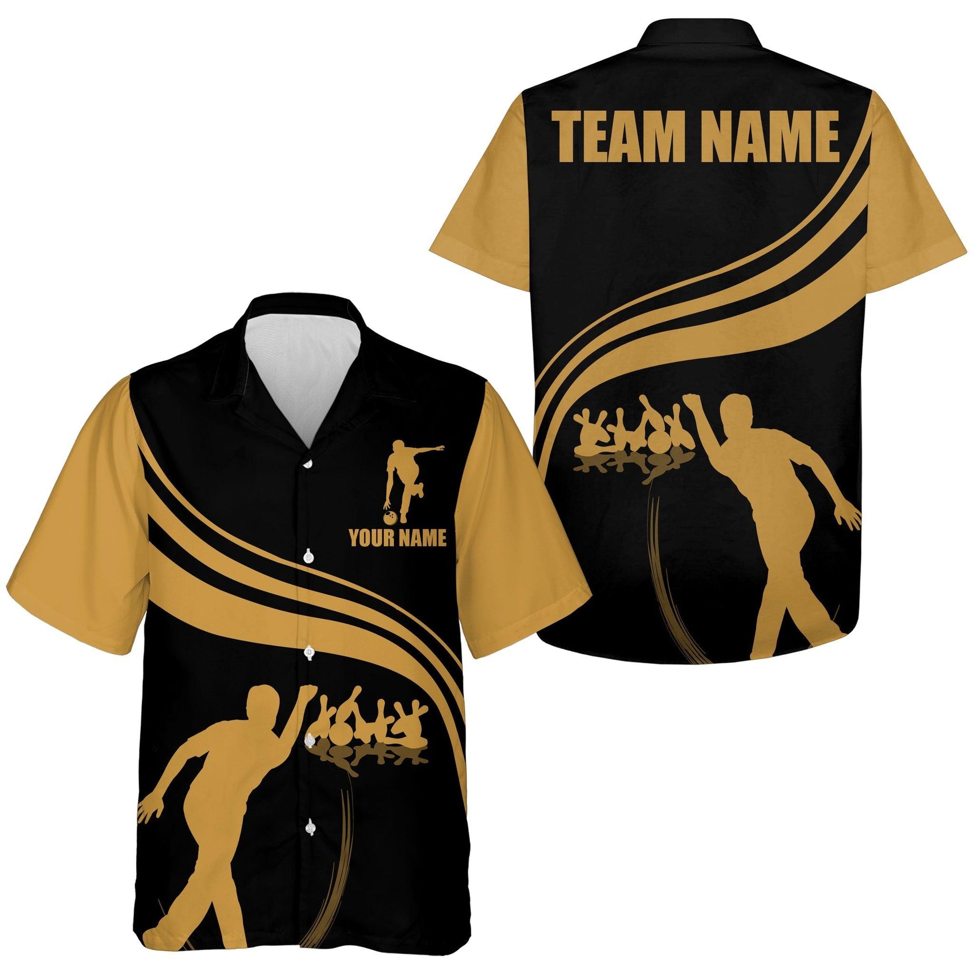 Bowling Custom Name And Team Name Hawaiian Shirt, Black and Gold Bowling Personalized Hawaiian Shirts For Men Women, Bowling Lovers, Bowlers - Amzanimalsgift