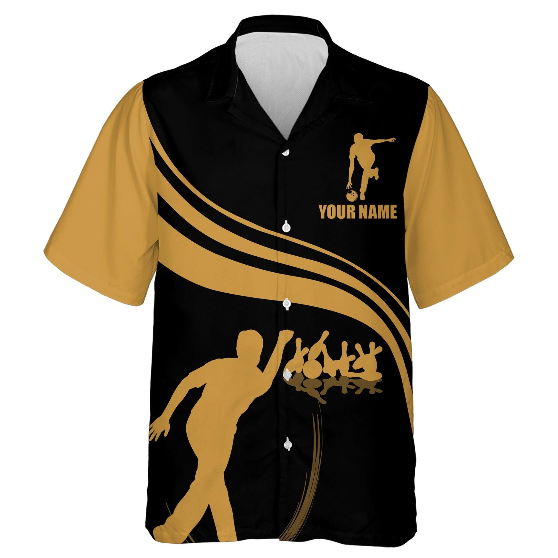 Bowling Custom Name And Team Name Hawaiian Shirt, Black and Gold Bowling Personalized Hawaiian Shirts For Men Women, Bowling Lovers, Bowlers - Amzanimalsgift