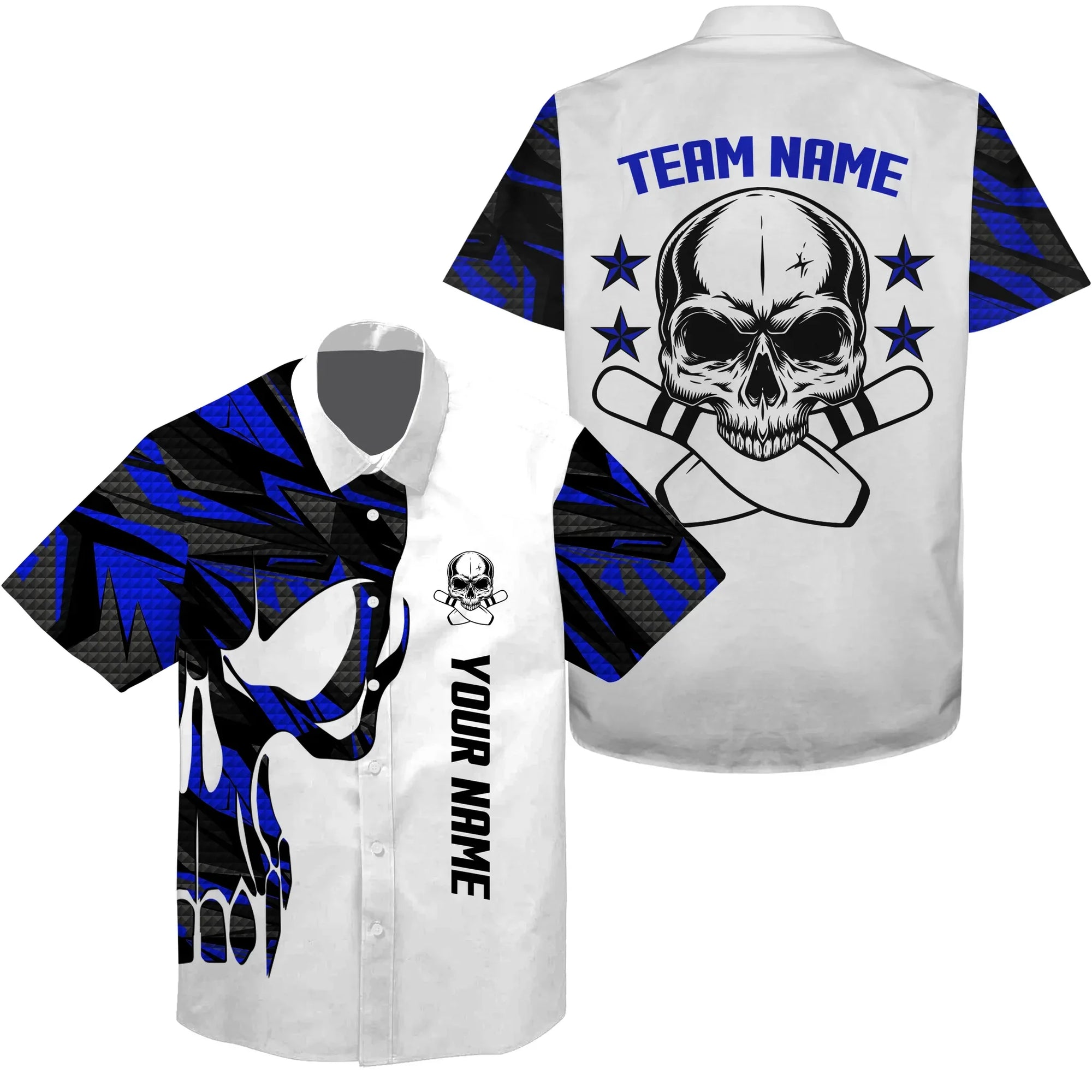 Bowling Custom Name And Team Name Hawaiian Shirt, Blue Camo Skull Bowling Personalized Hawaiian Shirts For Men Women, Team, Bowling Lovers, Bowlers - Amzanimalsgift
