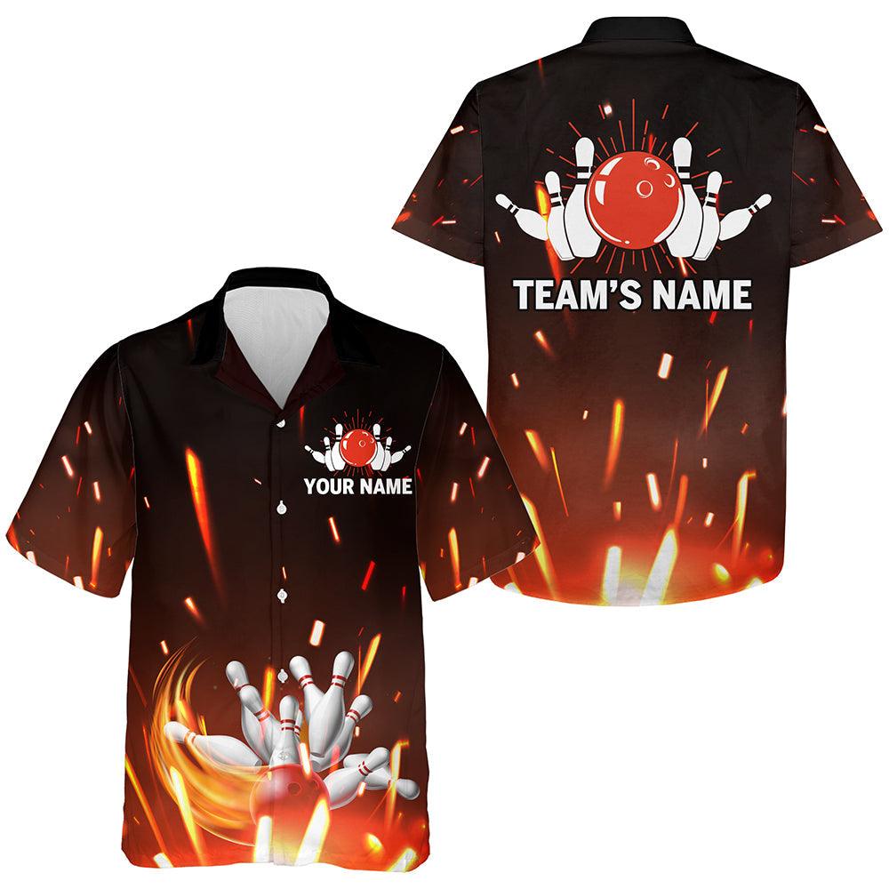 Bowling Custom Name And Team Name Hawaiian Shirt, Flame Bowling Ball and Pins Personalized Hawaiian Shirts For Men Women, Bowling Lovers, Bowlers - Amzanimalsgift