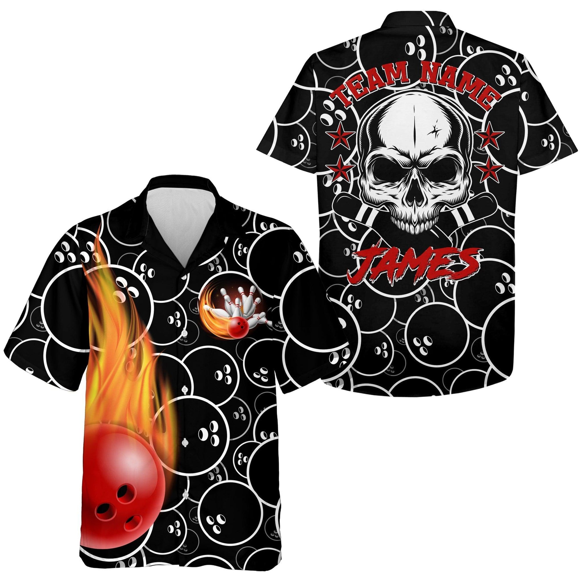 Bowling Custom Name And Team Name Hawaiian Shirt, Flame Skull Bowling Ball Pins Personalized Hawaiian Shirts For Men Women, Bowling Lovers, Bowlers - Amzanimalsgift