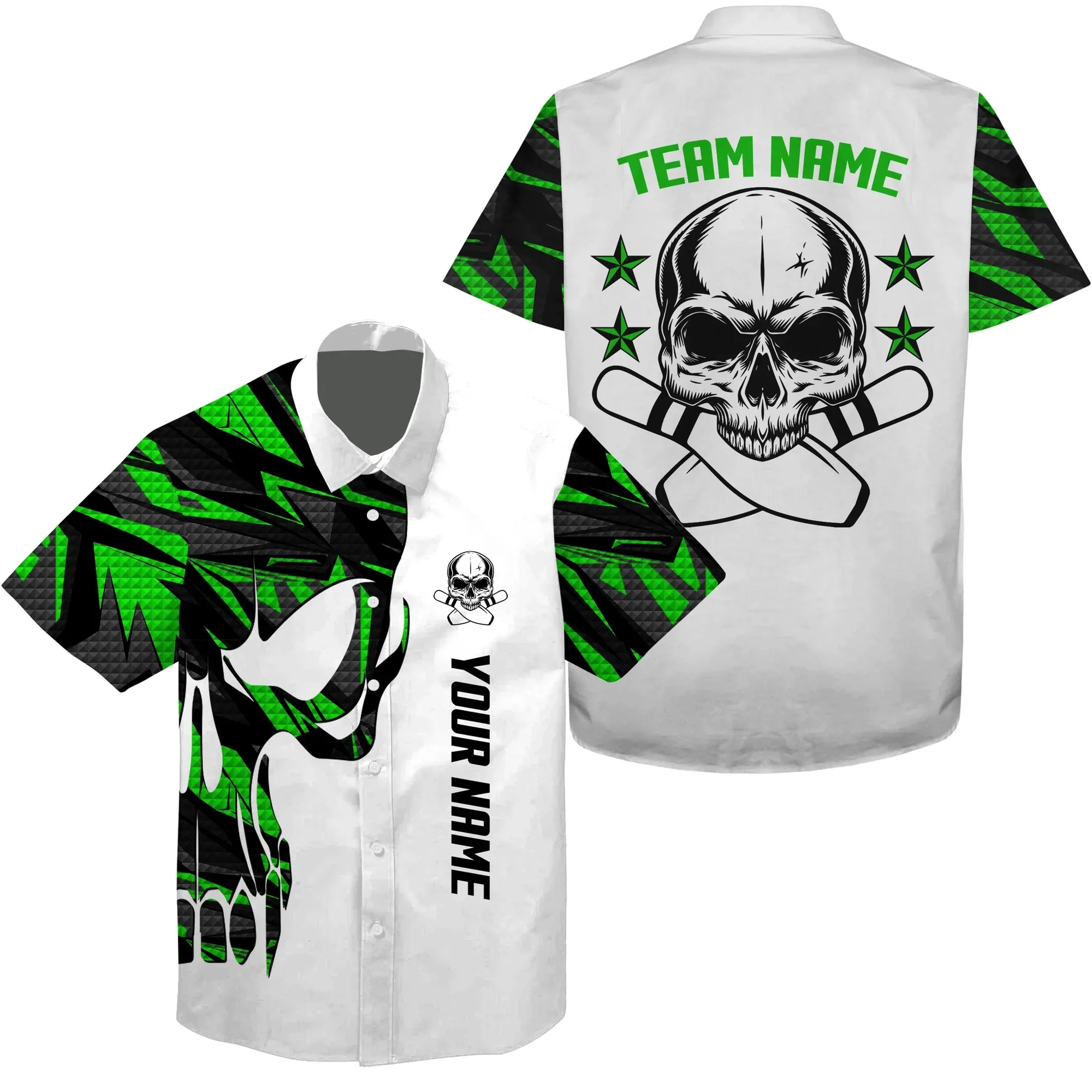 Bowling Custom Name And Team Name Hawaiian Shirt, Green Camo Skull Bowling Personalized Hawaiian Shirts For Men Women, Team, Bowling Lovers, Bowlers - Amzanimalsgift