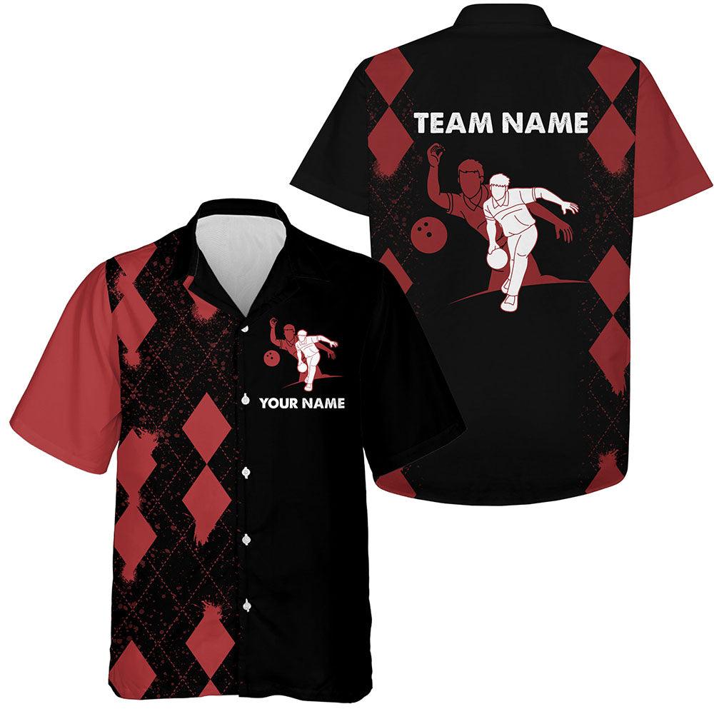 Bowling Custom Name And Team Name Hawaiian Shirt, Red Black Argyle Bowling Personalized Hawaiian Shirts For Men Women, Team, Bowling Lovers, Bowlers - Amzanimalsgift
