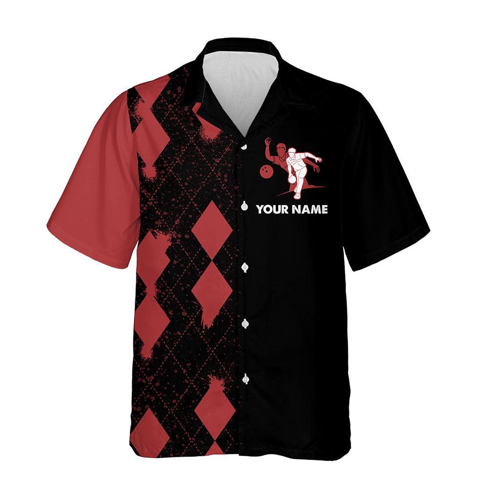 Bowling Custom Name And Team Name Hawaiian Shirt, Red Black Argyle Bowling Personalized Hawaiian Shirts For Men Women, Team, Bowling Lovers, Bowlers - Amzanimalsgift
