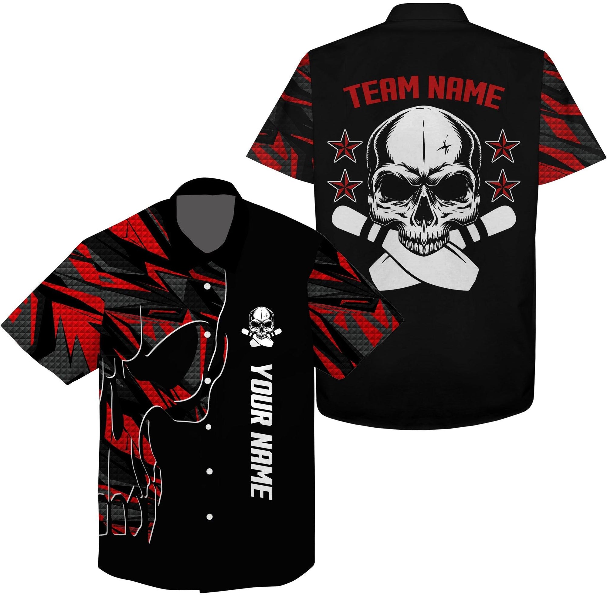 Bowling Custom Name And Team Name Hawaiian Shirt, Red Skull Bowling Personalized Hawaiian Shirts For Men Women, Team, Bowling Lovers, Bowlers - Amzanimalsgift