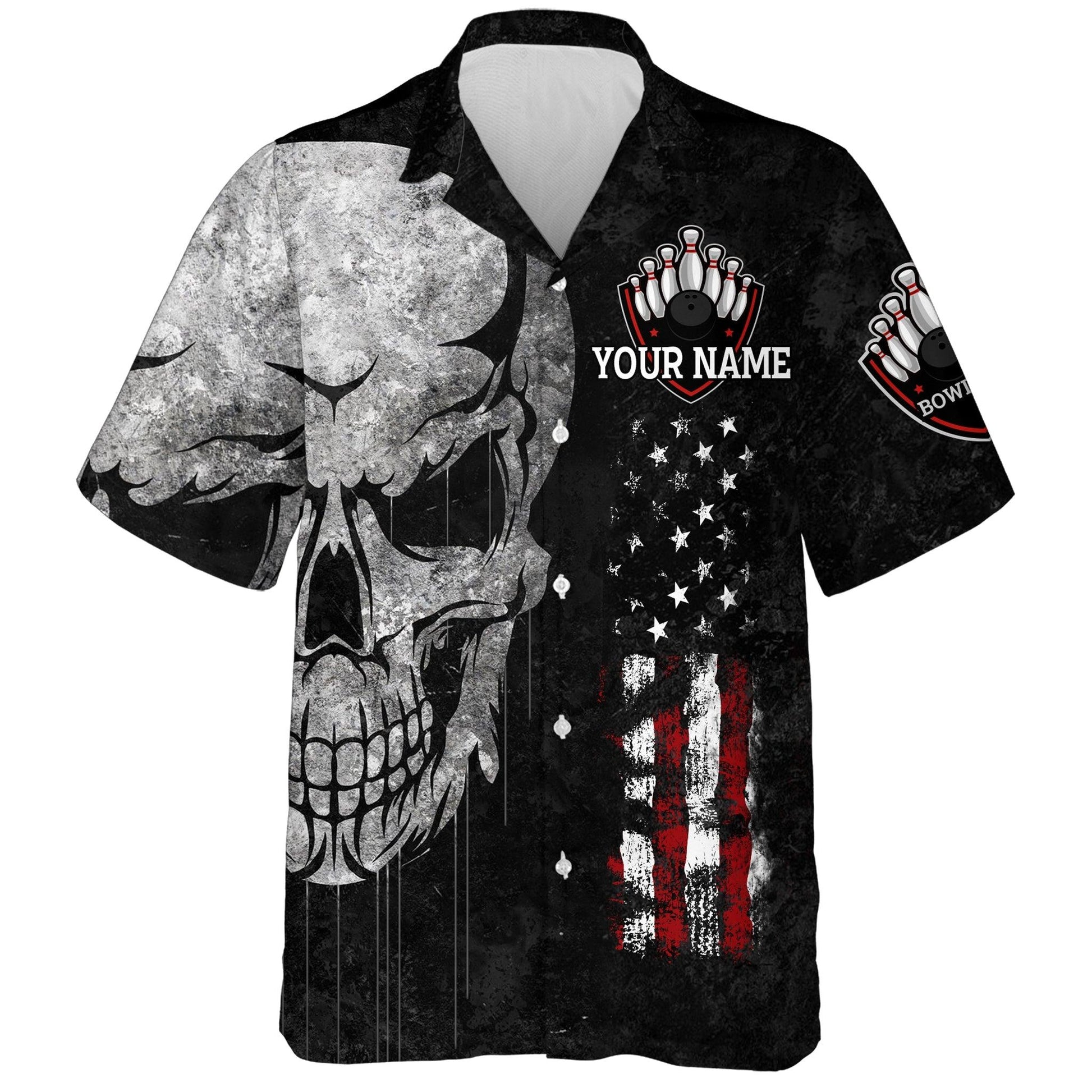 Bowling Custom Name And Team Name Hawaiian Shirt, Skull Patriotic American Flag Personalized Hawaiian Shirts For Men Women, Bowling Lovers, Bowlers - Amzanimalsgift