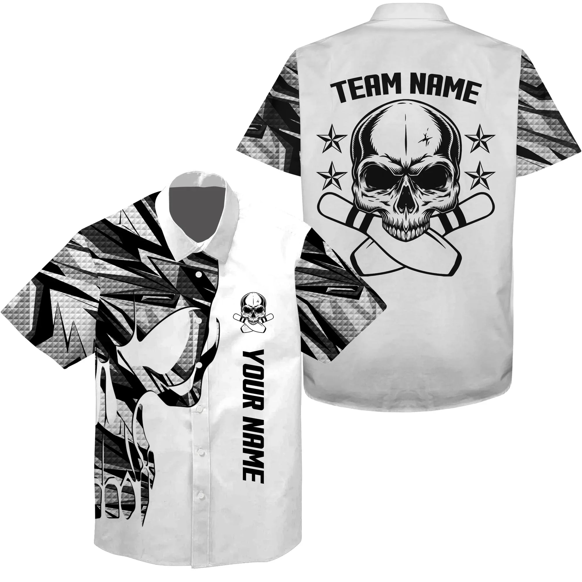 Bowling Custom Name And Team Name Hawaiian Shirt, White Camo Skull Bowling Personalized Hawaiian Shirts For Men Women, Team, Bowling Lovers, Bowlers - Amzanimalsgift