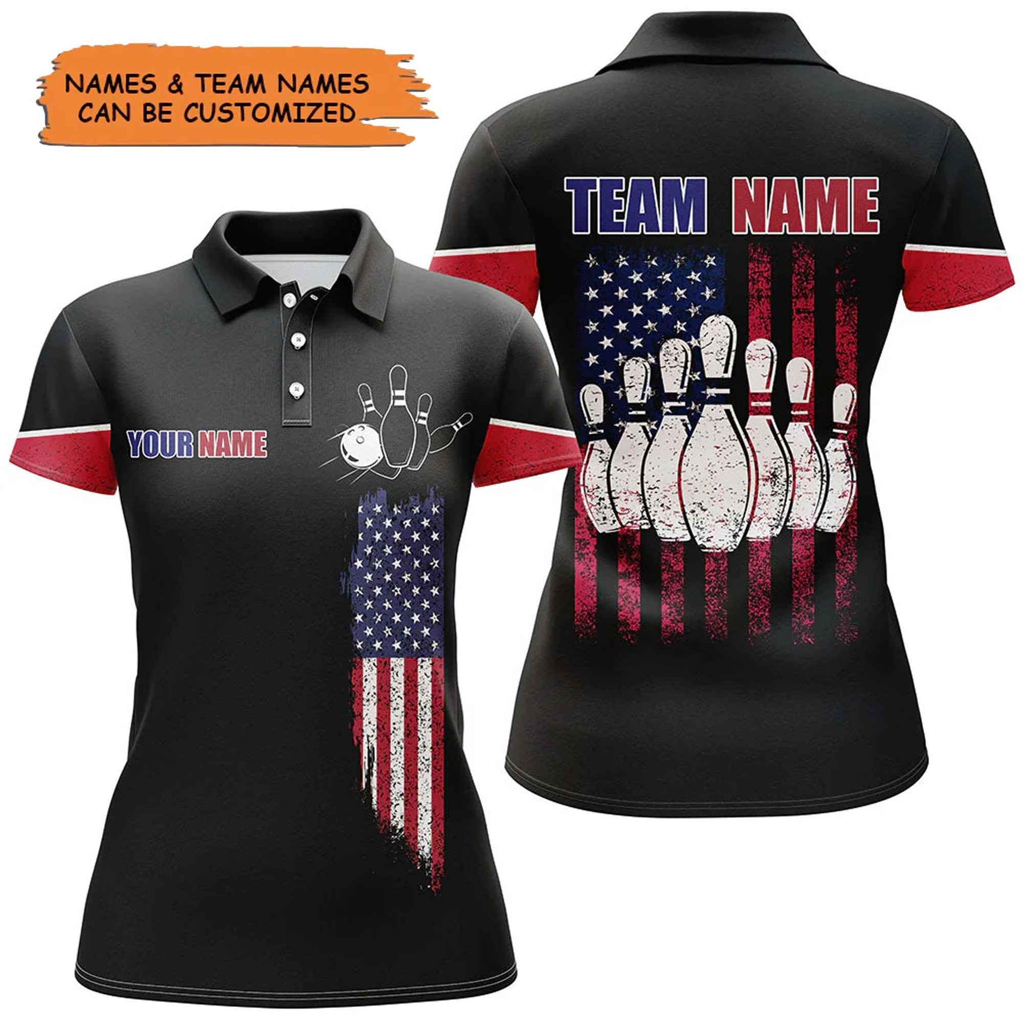 Bowling Custom Name & Team Women Polo Shirt - Bowling Personalized American Flag Polo Shirt For Female - Gift For Lady, Family, Bowling Lovers - Amzanimalsgift