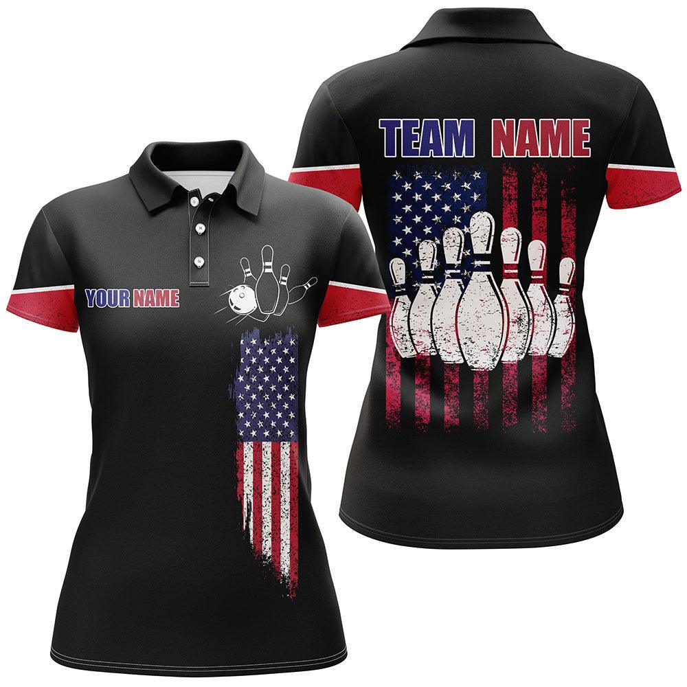 Bowling Custom Name & Team Women Polo Shirt - Bowling Personalized American Flag Polo Shirt For Female - Gift For Lady, Family, Bowling Lovers - Amzanimalsgift