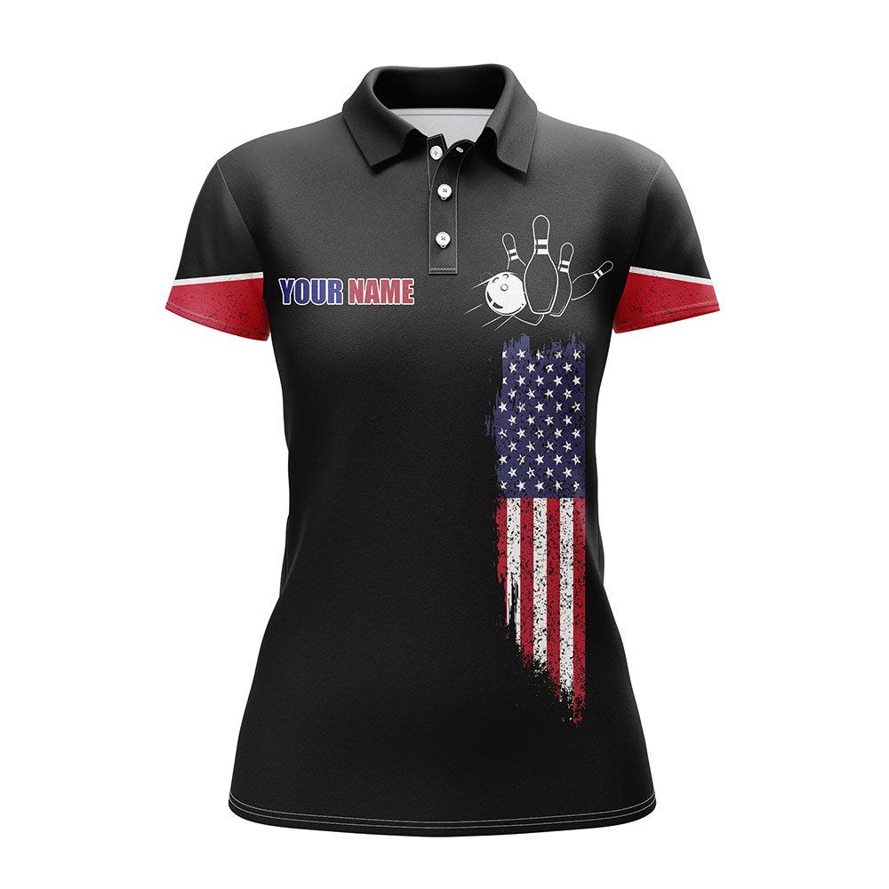 Bowling Custom Name & Team Women Polo Shirt - Bowling Personalized American Flag Polo Shirt For Female - Gift For Lady, Family, Bowling Lovers - Amzanimalsgift