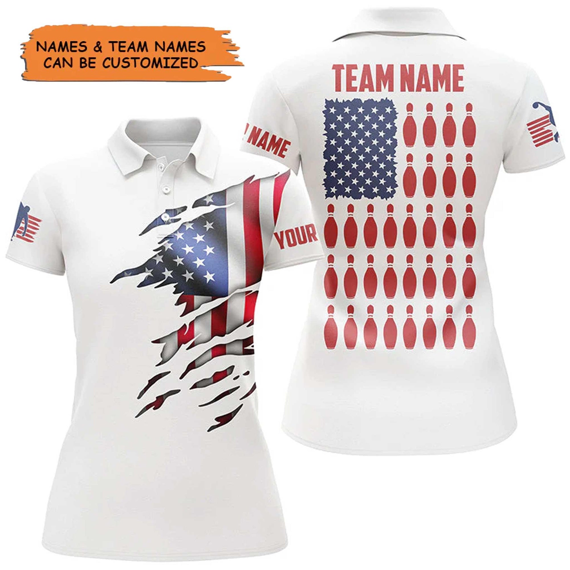 Bowling Custom Name & Team Women Polo Shirt - Bowling Pin, American Flag Personalized Bowling Polo Shirt - Gift For Friend, Family, Bowling Lovers - Amzanimalsgift