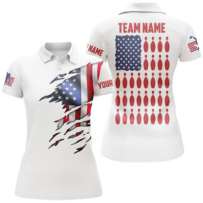 Bowling Custom Name & Team Women Polo Shirt - Bowling Pin, American Flag Personalized Bowling Polo Shirt - Gift For Friend, Family, Bowling Lovers - Amzanimalsgift