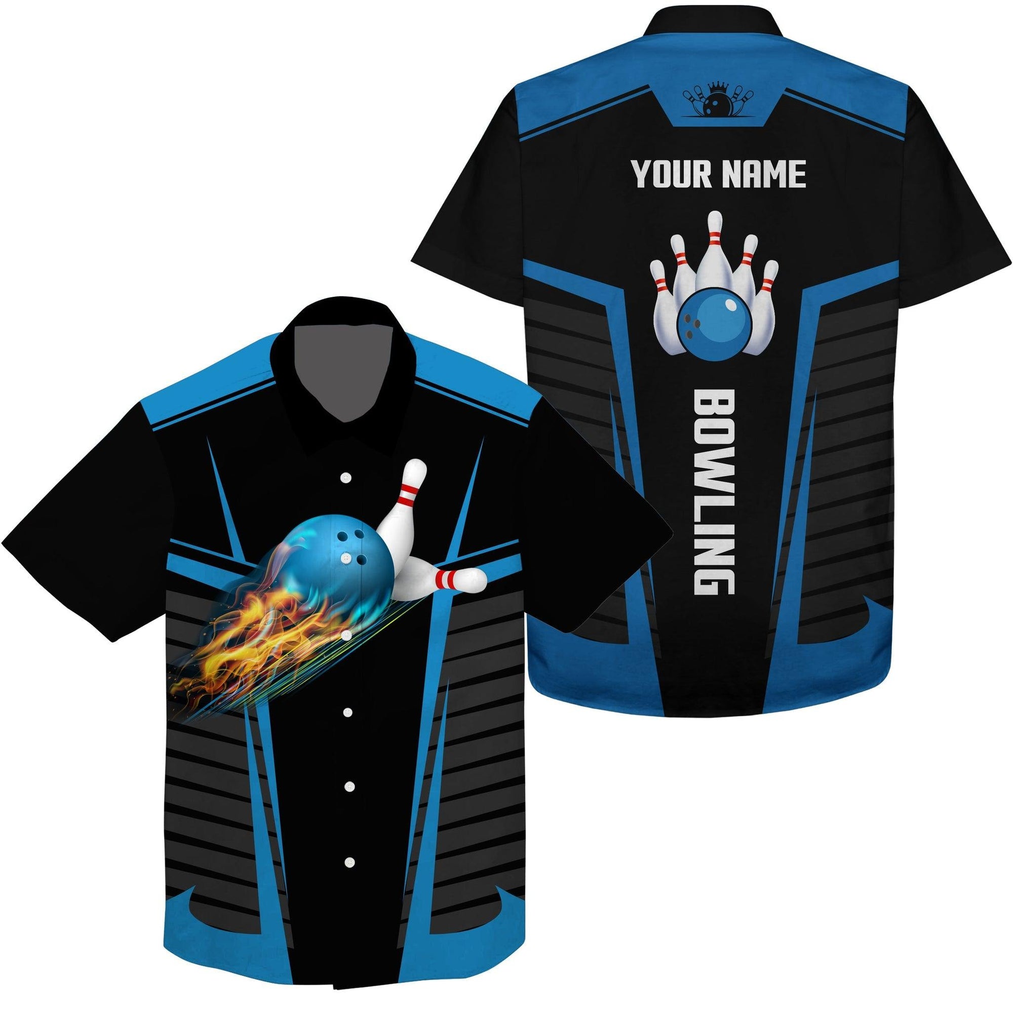 Bowling Custom Name Hawaiian Shirt, Flame Bowling Balls And Pins Black Blue Personalized Hawaiian Shirts For Men Women, Bowling Lovers, Team, Bowlers - Amzanimalsgift