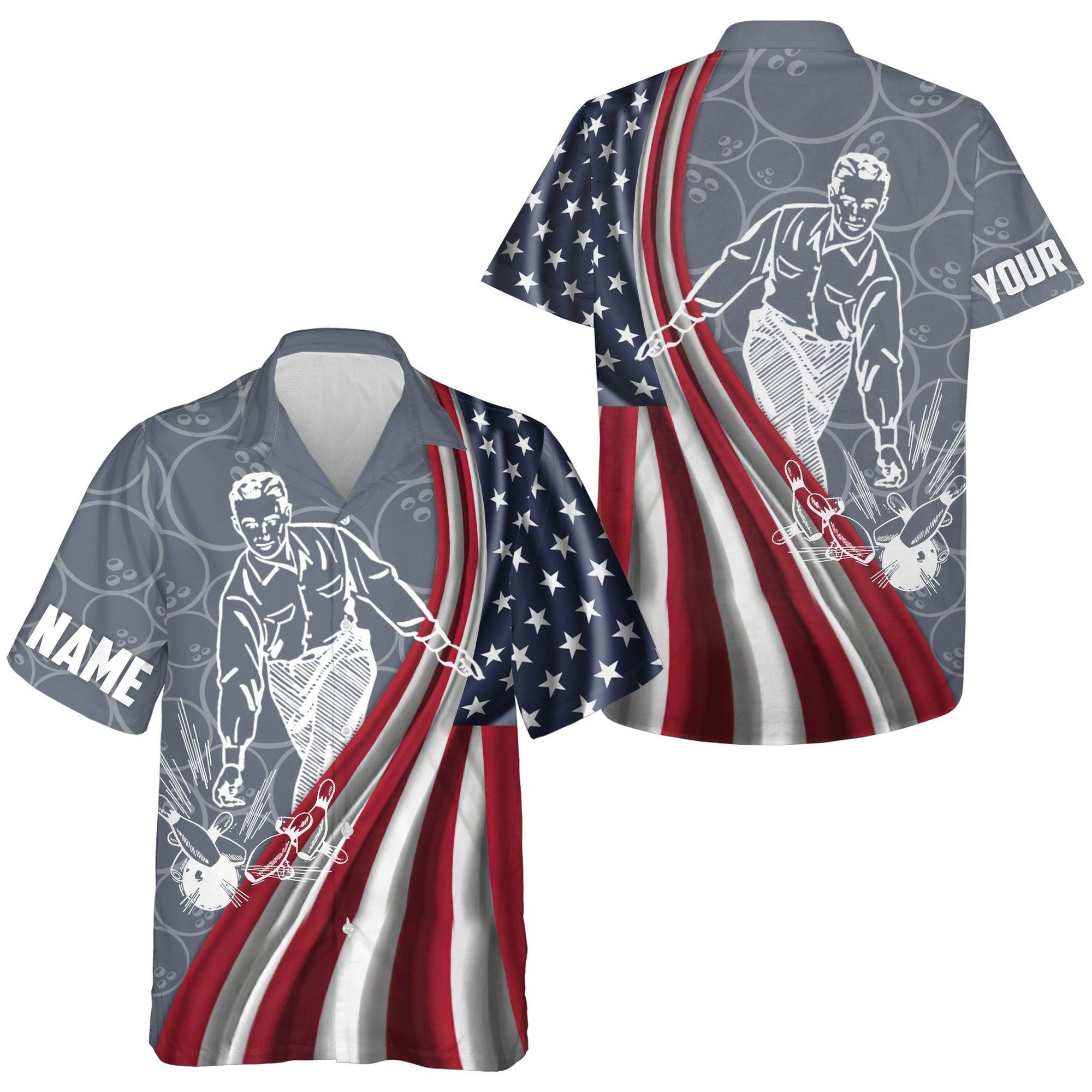 Bowling Custom Name Hawaiian Shirt, Patriotic American Flag Bowling Personalized Hawaiian Shirts For Men Women, Team, Bowling Lovers, Bowlers - Amzanimalsgift