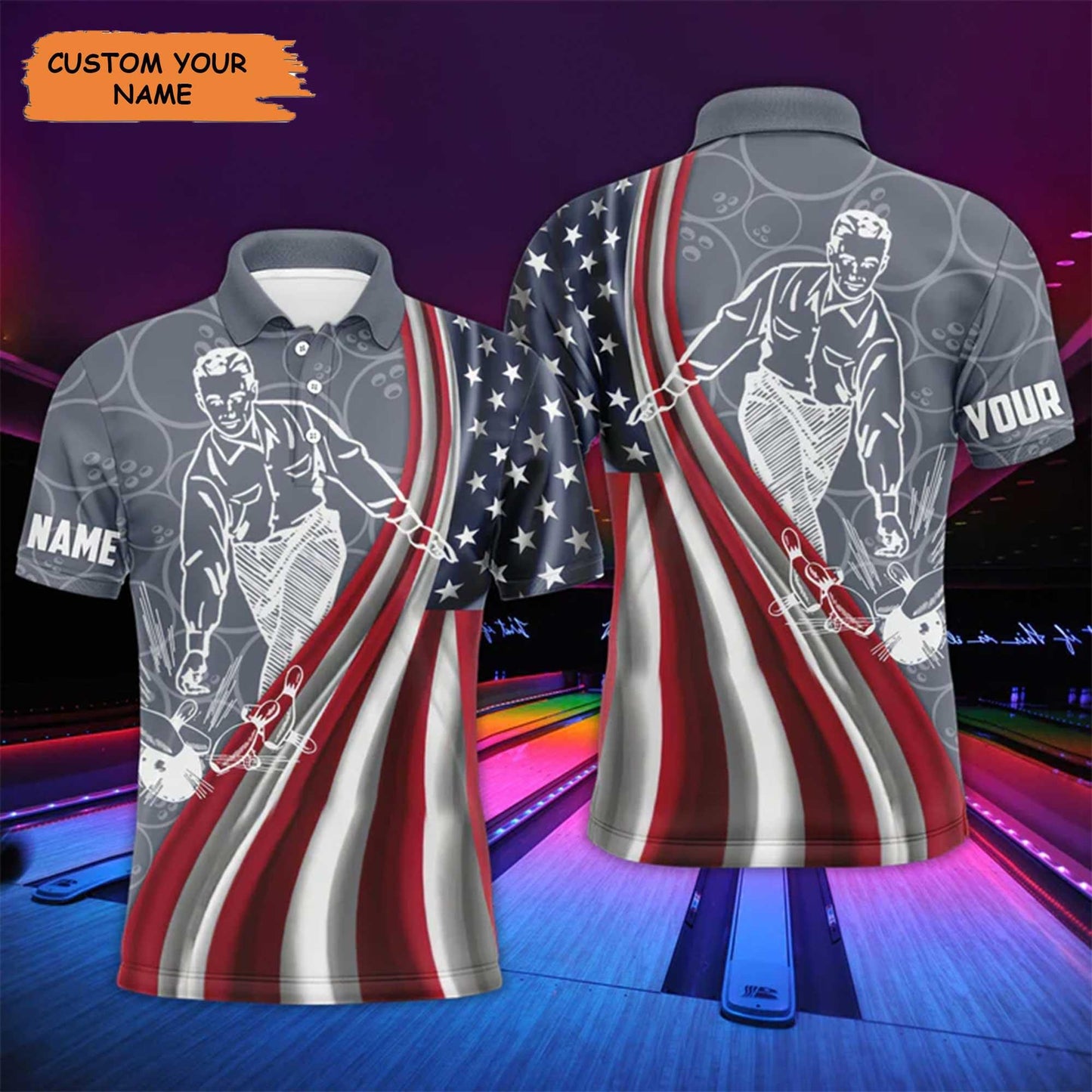 Bowling Custom Name Men Polo Shirt, Personalized Patriotic American Flag Independence Day Polo Shirts For Men, 4th Of July Gift For Bowling Lovers - Amzanimalsgift