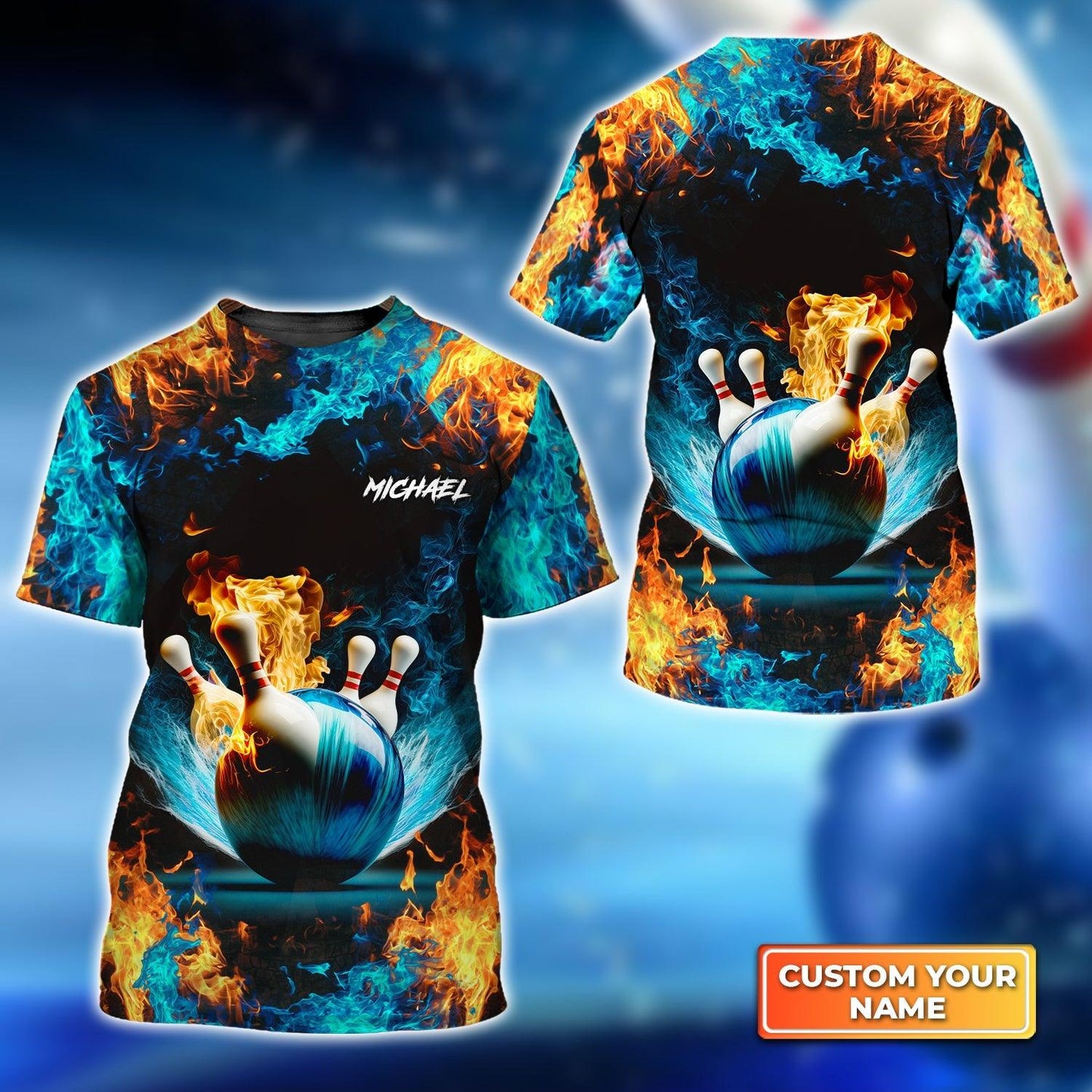 Bowling Custom Name T Shirt, Blue Bowling Ball And Pins On Fire Personalized T-Shirt For Men, Perfect Gift For Bowling Lovers, Bowlers, Team, Friend - Amzanimalsgift