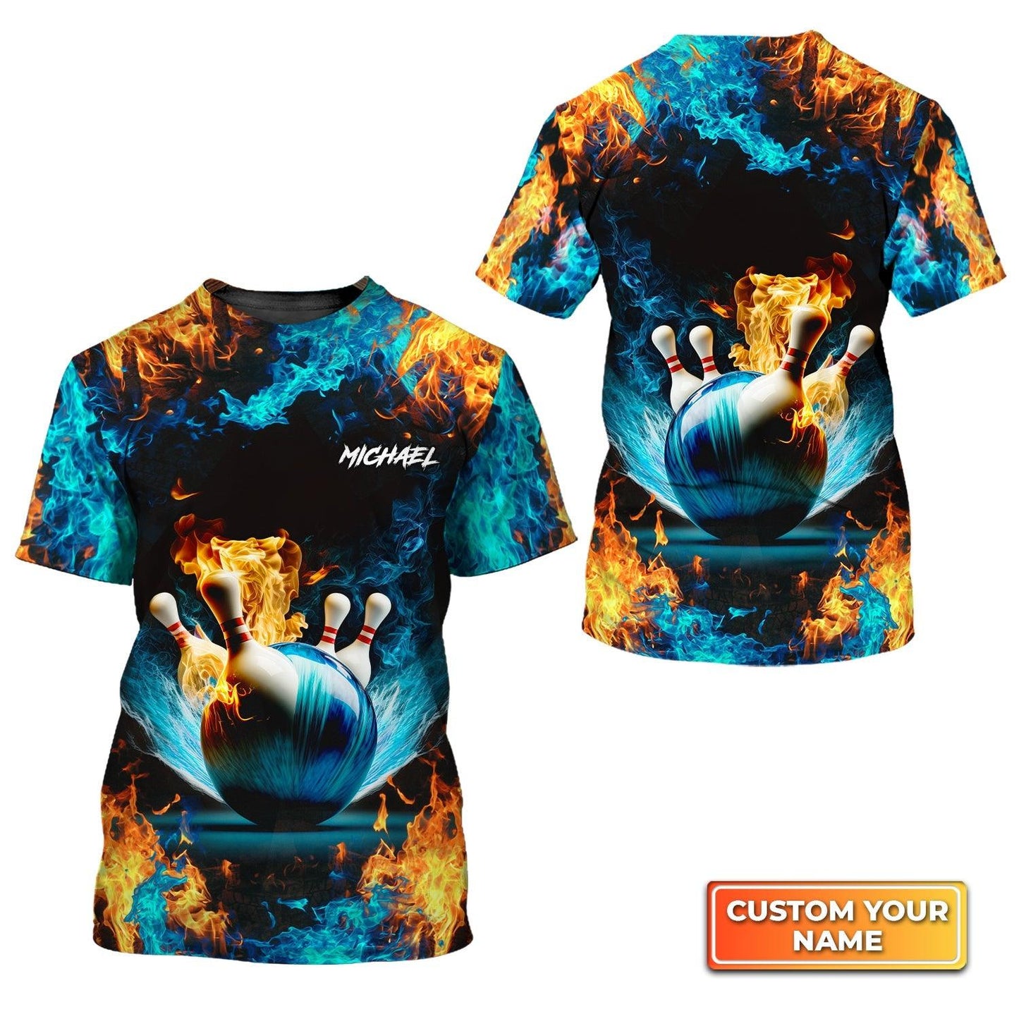 Bowling Custom Name T Shirt, Blue Bowling Ball And Pins On Fire Personalized T-Shirt For Men, Perfect Gift For Bowling Lovers, Bowlers, Team, Friend - Amzanimalsgift