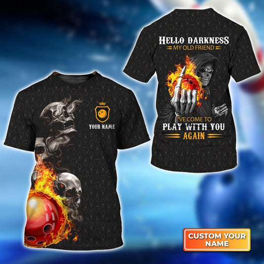 Bowling Custom Name T Shirt, Bowling Skull Hello Darkness My Old Friend Personalized T-Shirt For Men, Perfect Gift For Bowling Lovers, Bowlers, Team - Amzanimalsgift
